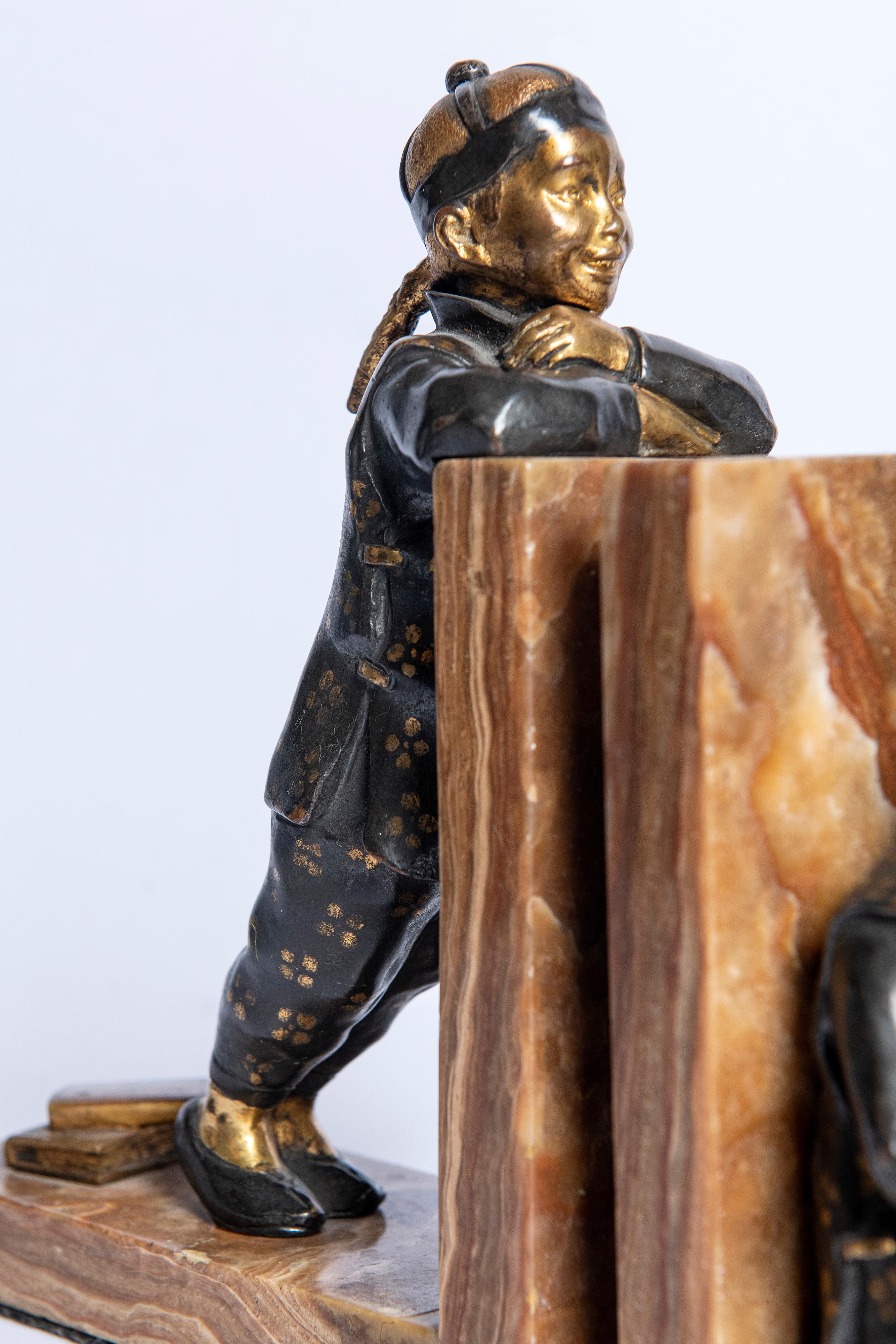 English Pair of Bronze and Marble Bookends, Signed H.M. White, England, circa 1920 For Sale
