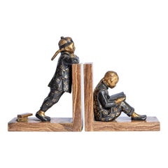 Pair of Bronze and Marble Bookends, Signed H.M. White, England, circa 1920