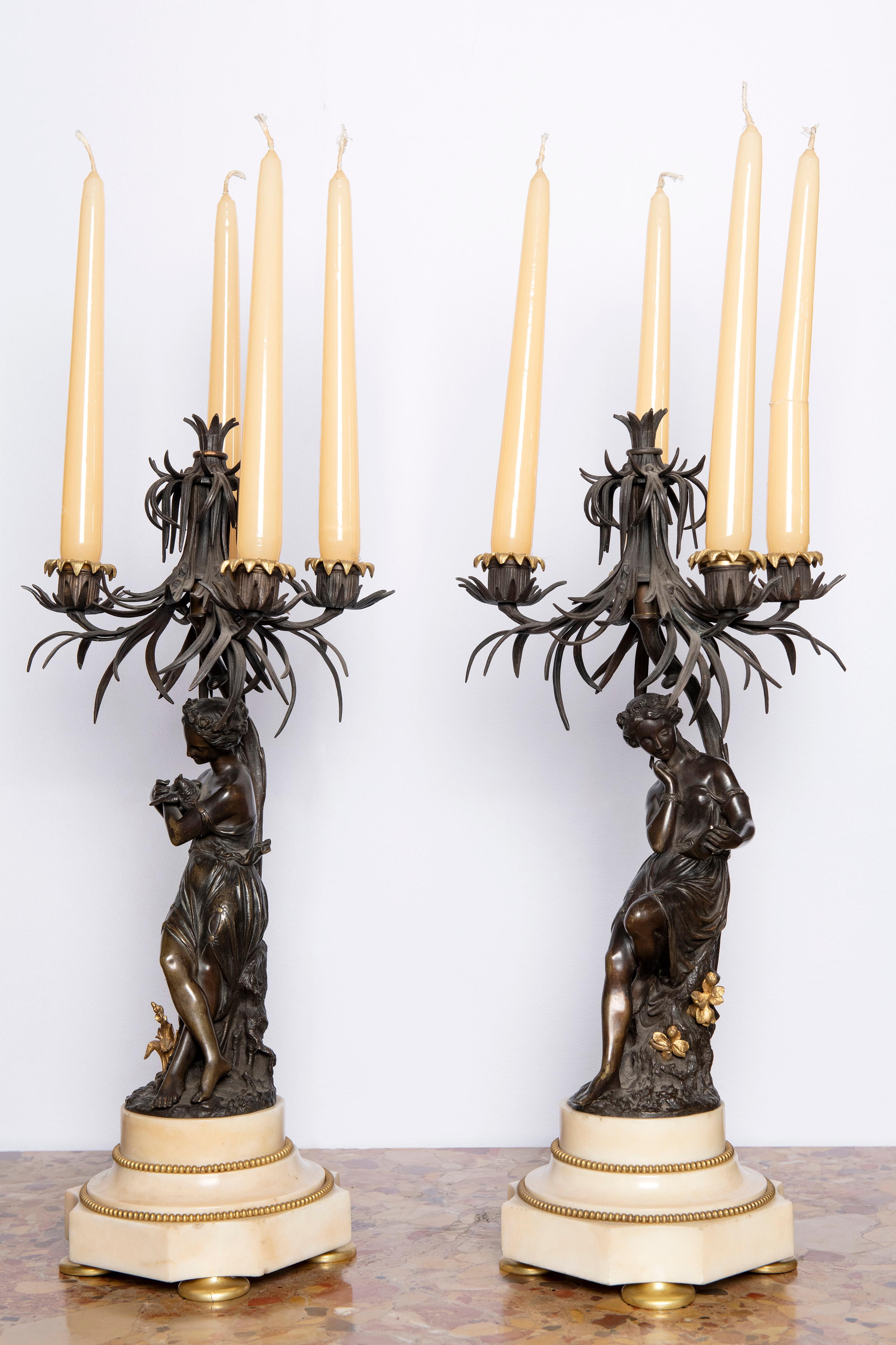 French Pair of Bronze and Marble Candelabras, France, 19th Century For Sale