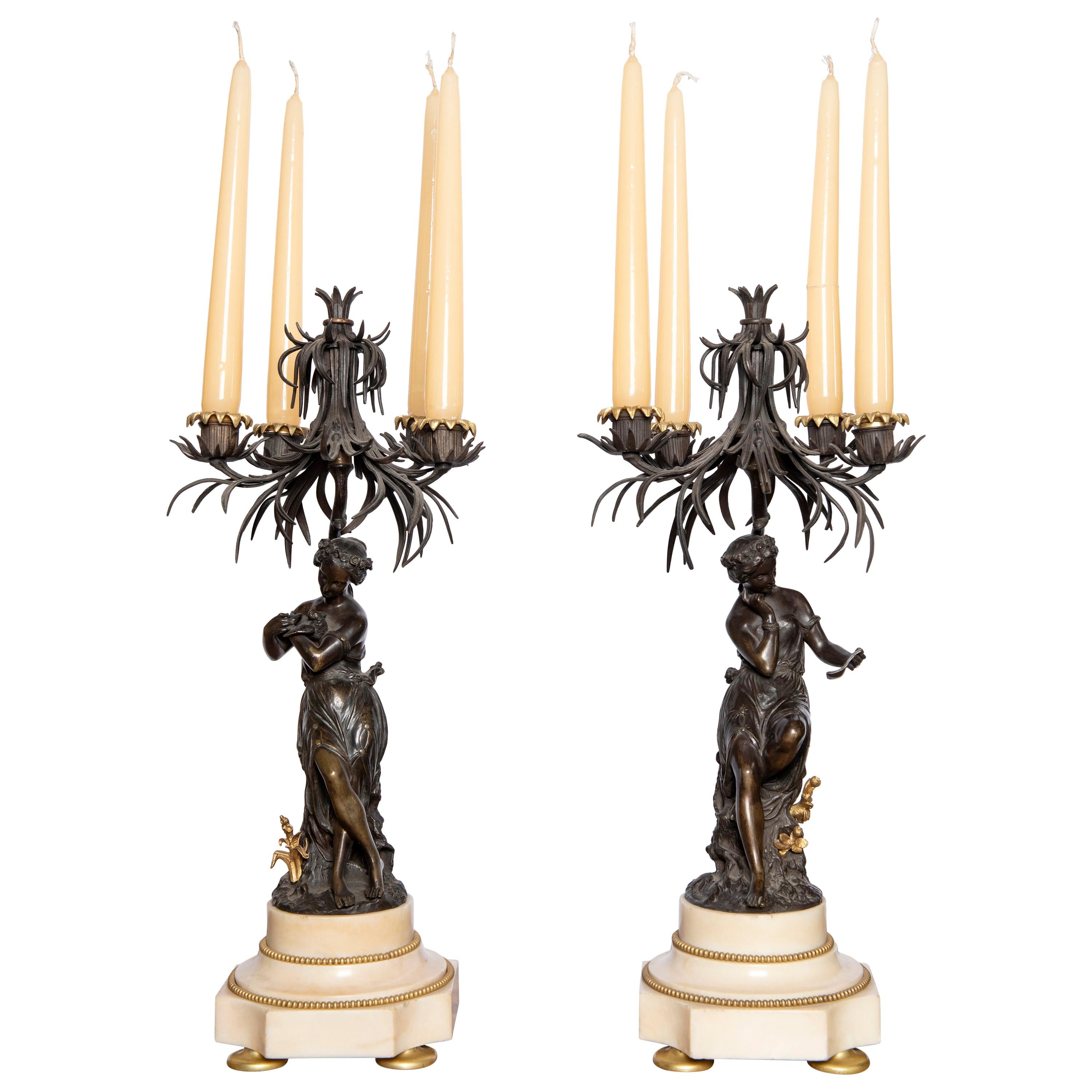 Pair of Bronze and Marble Candelabras, France, 19th Century