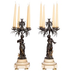 Antique Pair of Bronze and Marble Candelabras, France, 19th Century