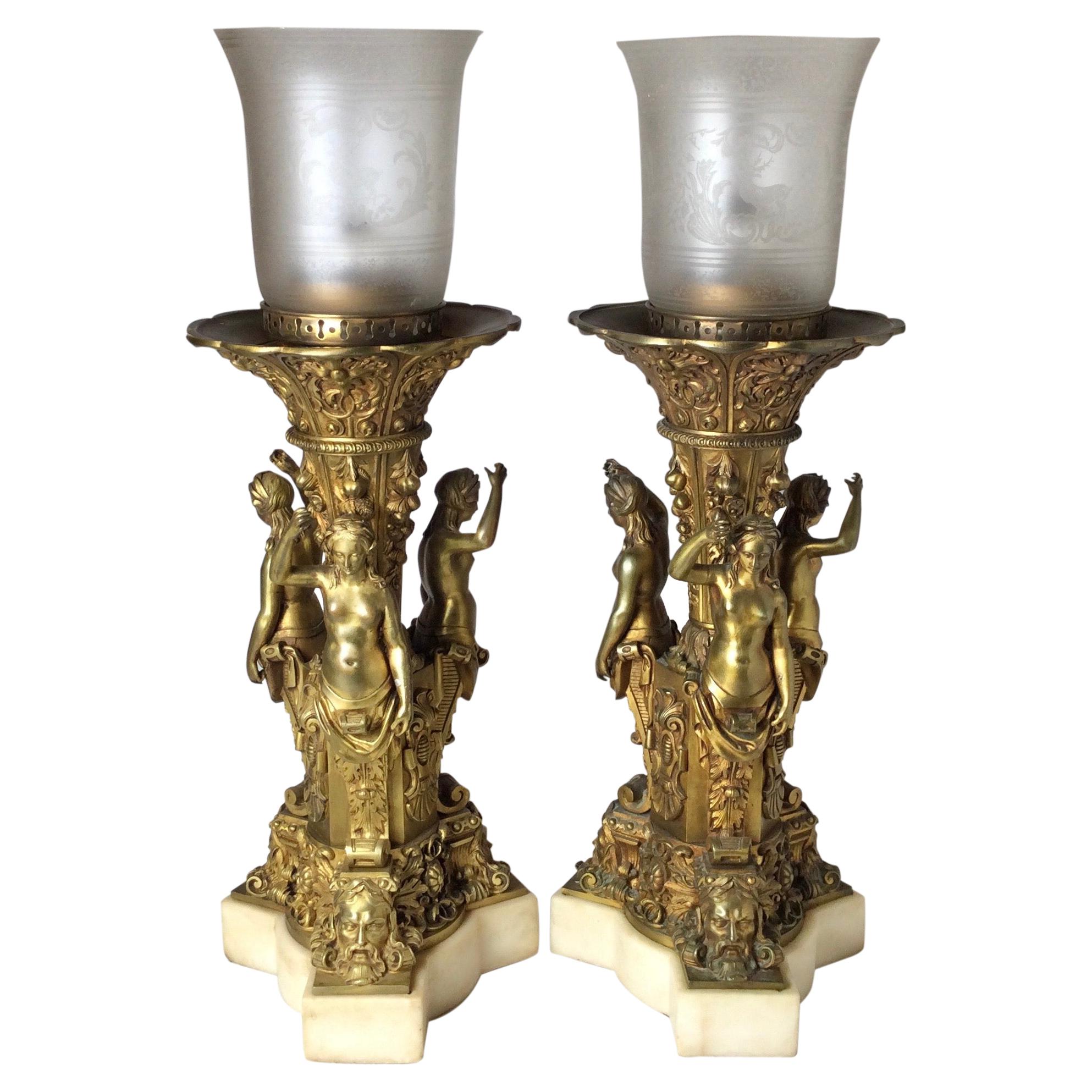 Pair of Bronze and Marble Large Garniture Lamps