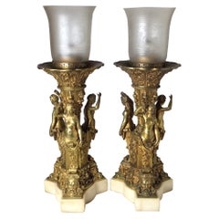 Pair of Bronze and Marble Large Garniture Lamps