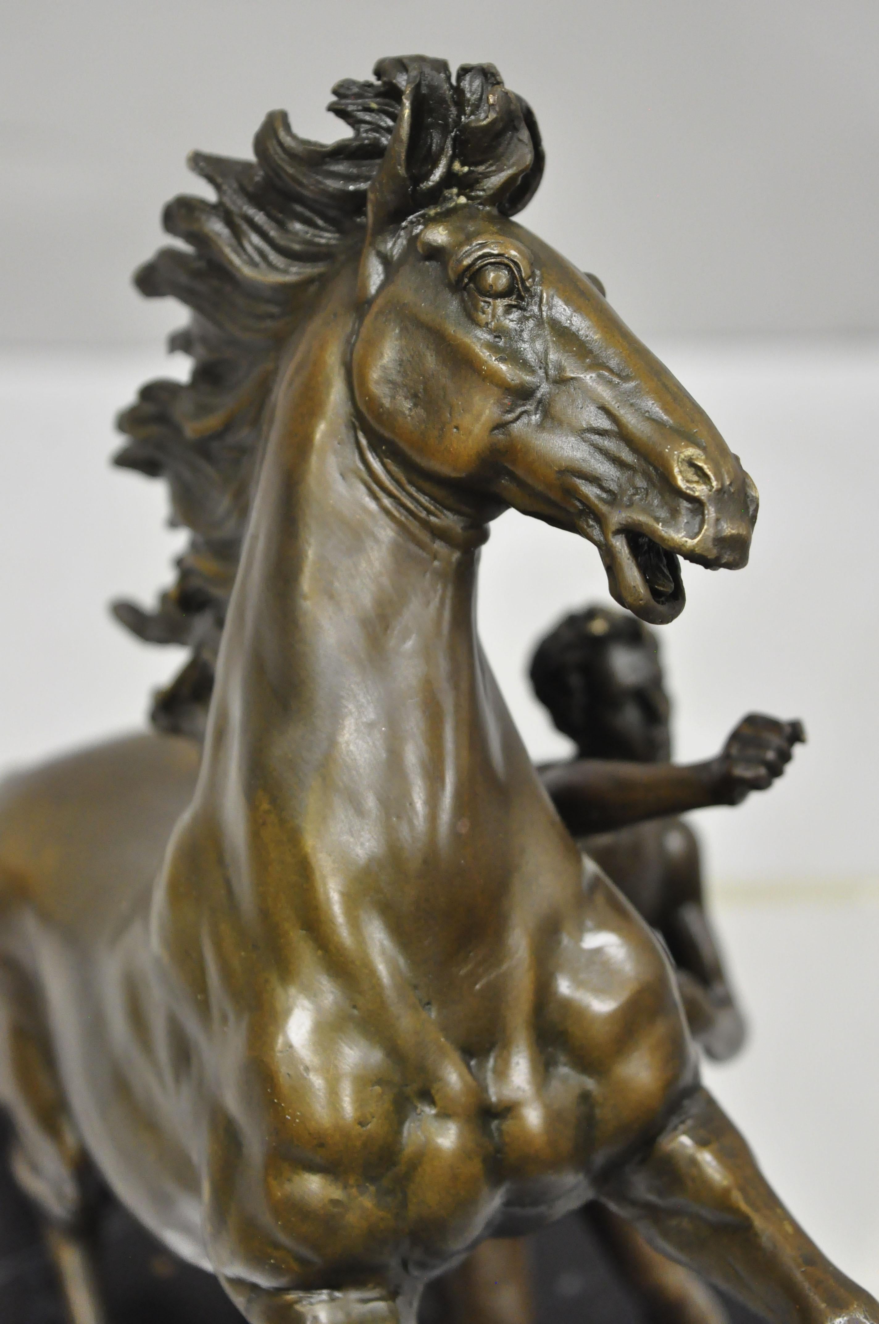 Pair of Bronze and Marble Marly Horse and Tamer Sculpture Statues After Coustou For Sale 3