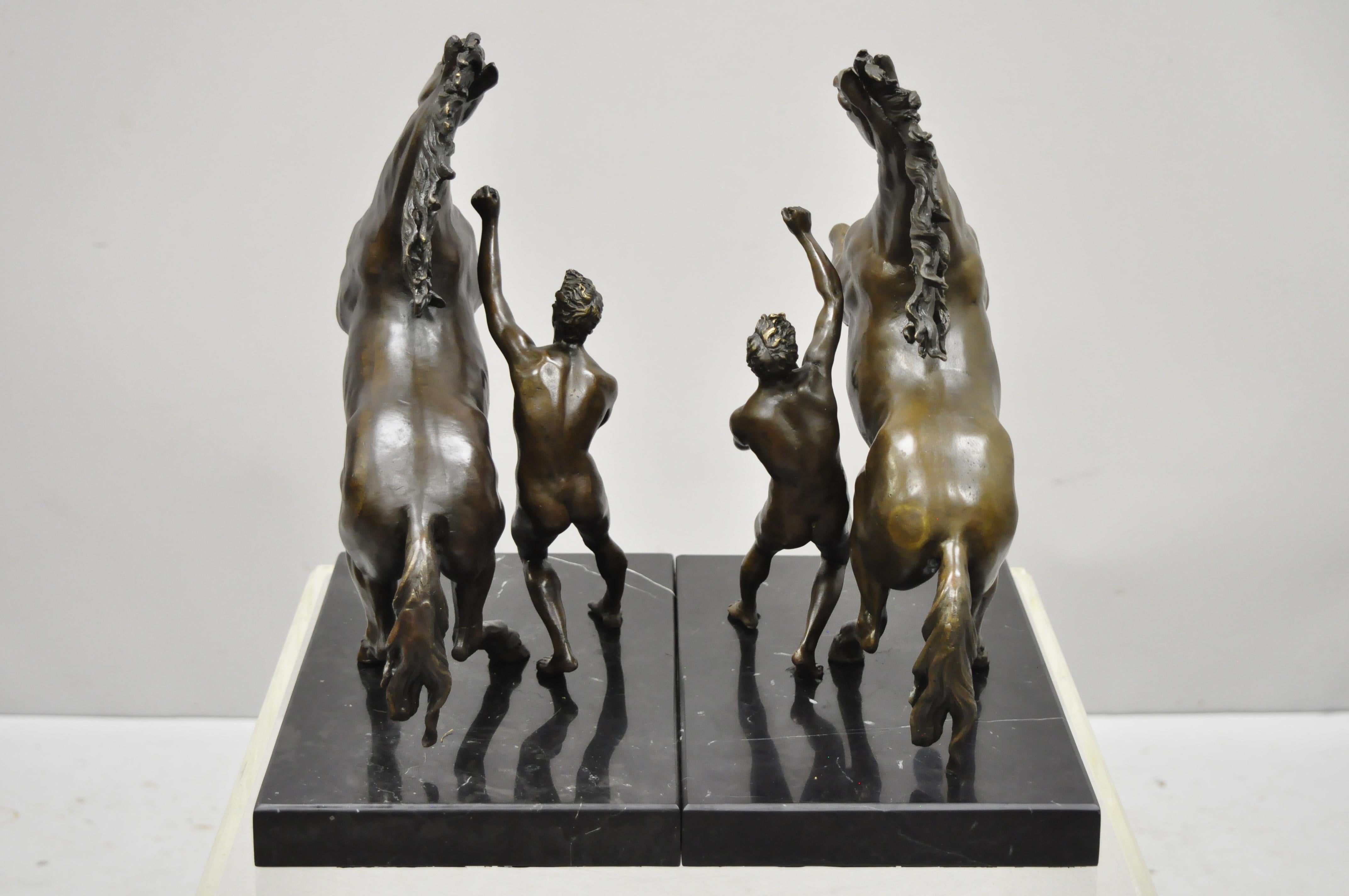 Pair of Bronze and Marble Marly Horse and Tamer Sculpture Statues After Coustou For Sale 5