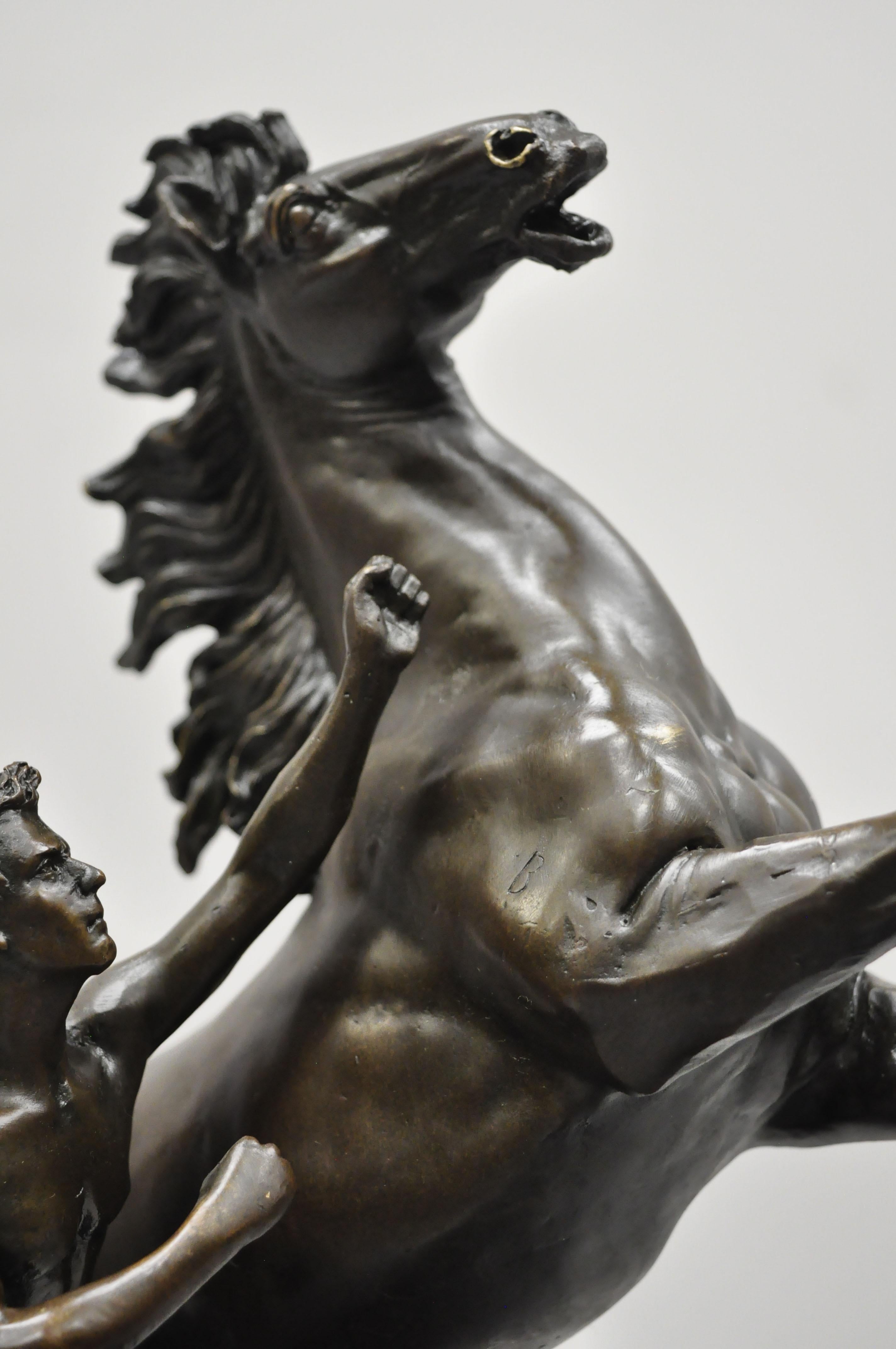 Baroque Pair of Bronze and Marble Marly Horse and Tamer Sculpture Statues After Coustou For Sale