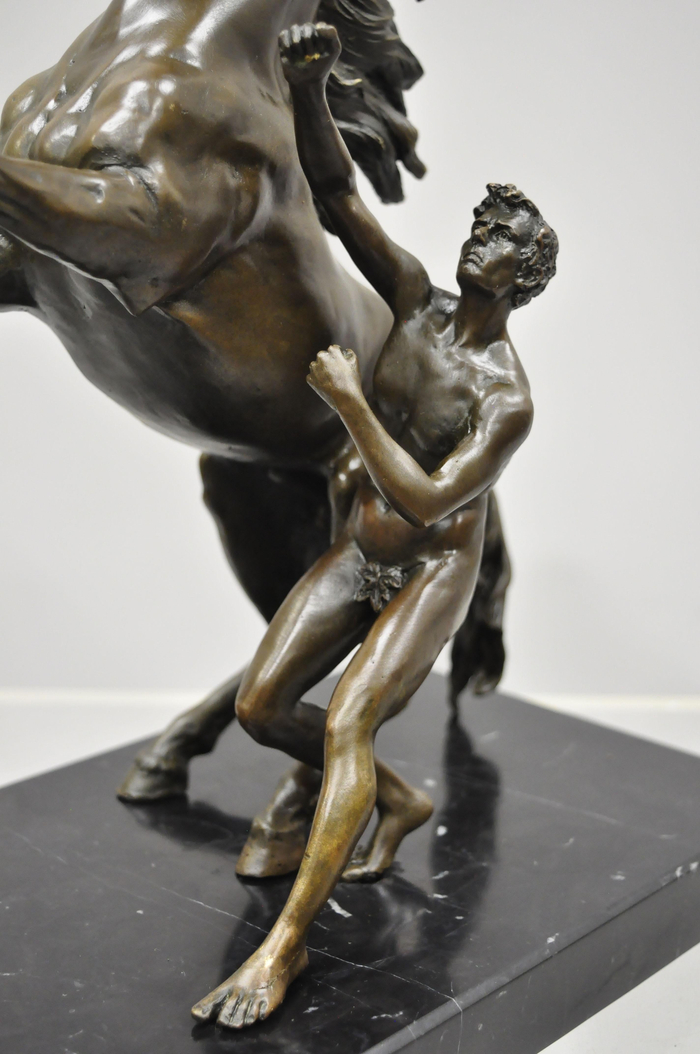French Pair of Bronze and Marble Marly Horse and Tamer Sculpture Statues After Coustou For Sale