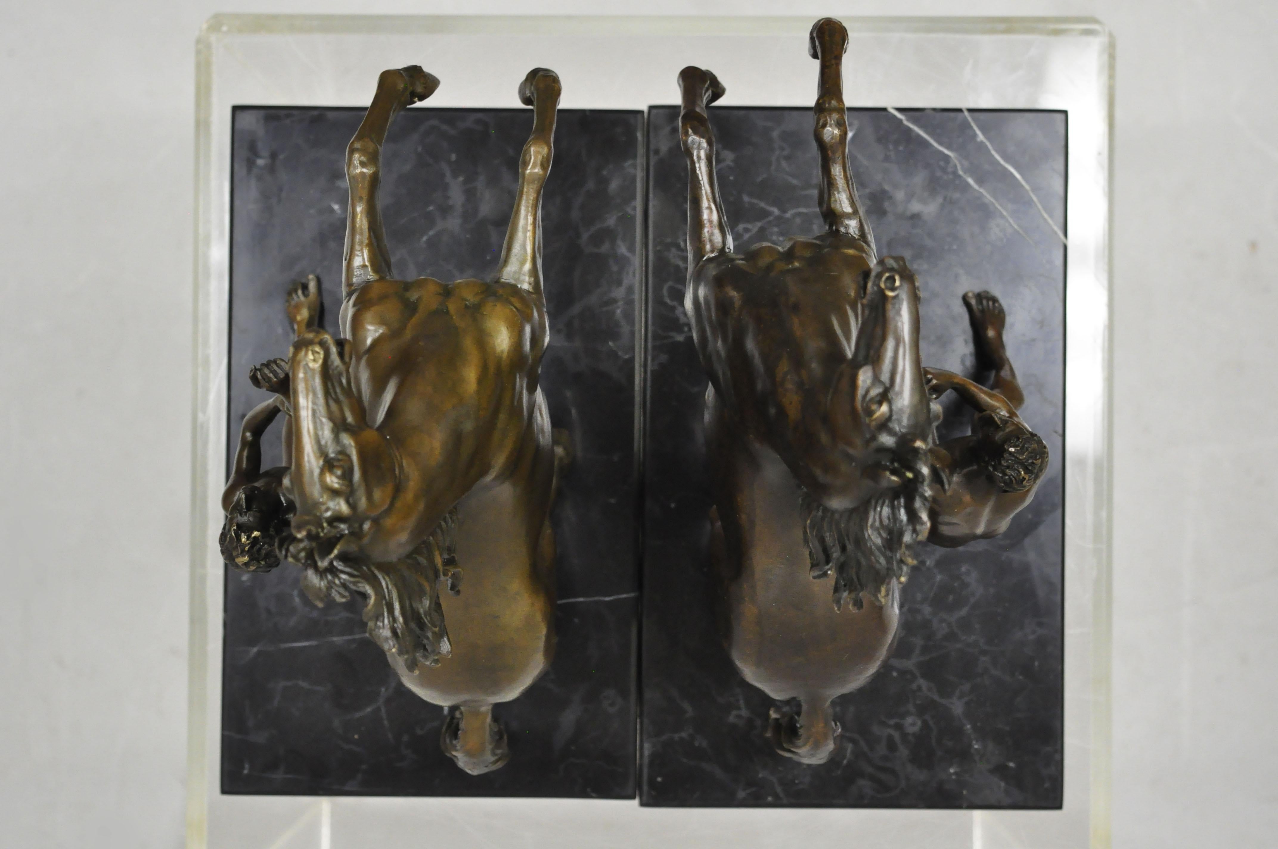 Pair of Bronze and Marble Marly Horse and Tamer Sculpture Statues After Coustou For Sale 1