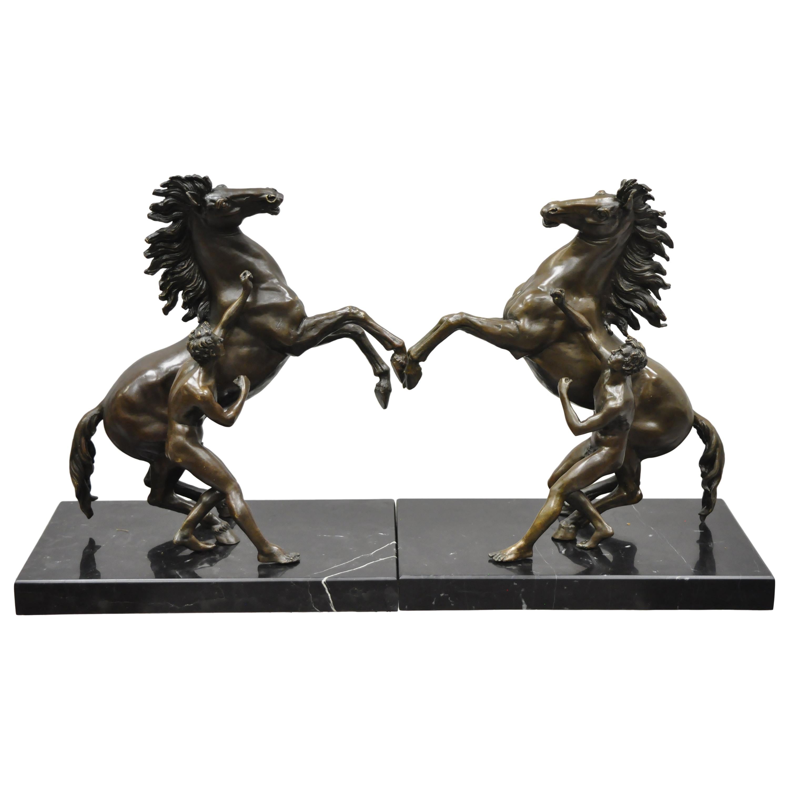 Pair of Bronze and Marble Marly Horse and Tamer Sculpture Statues After Coustou For Sale