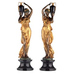 Pair of Bronze and Marble Sculptures "Girl with an a Amphora" 21st century H:113