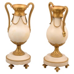 Antique Pair of bronze and marble vases. 19th century.