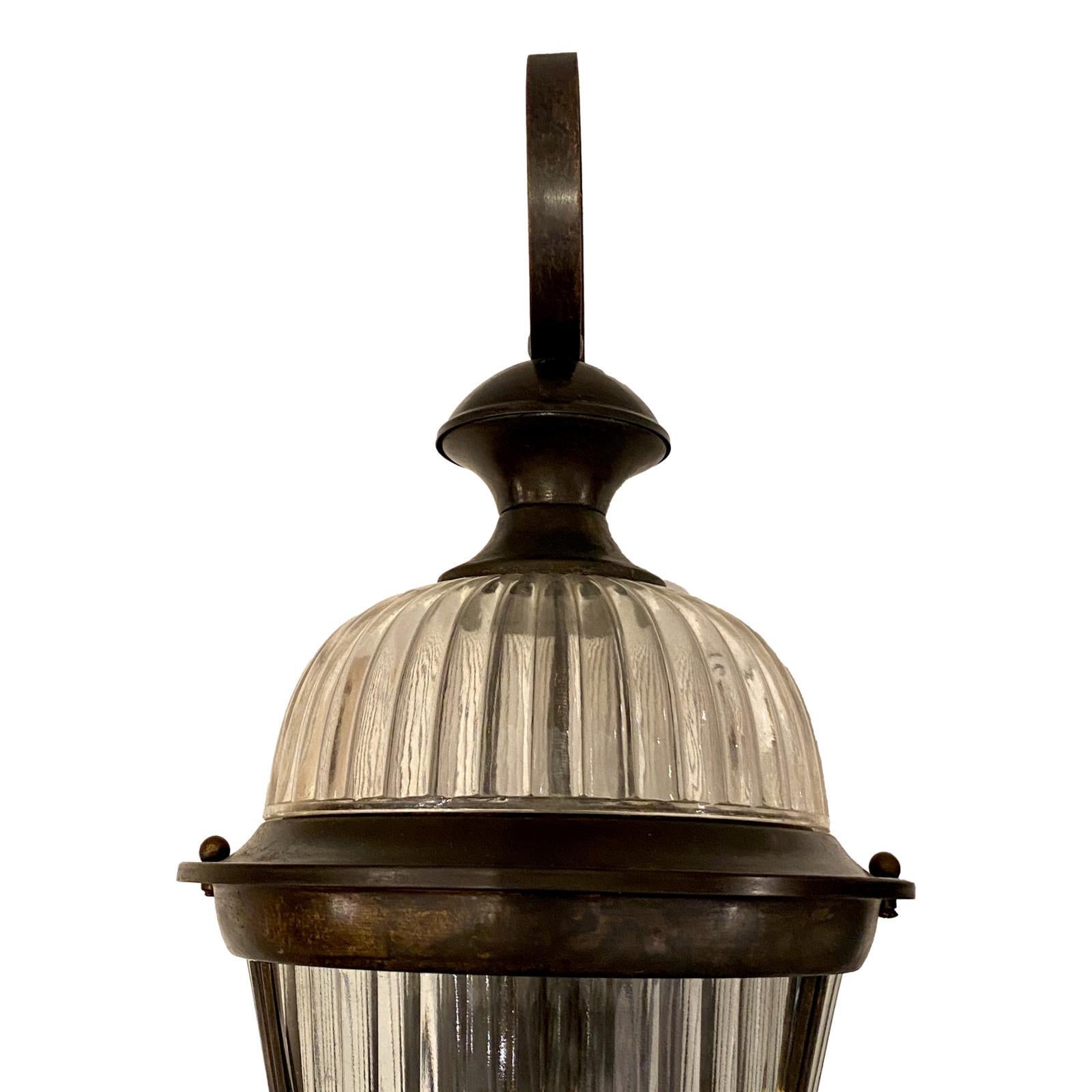 Italian Pair of Bronze Molded Glass Lanterns For Sale