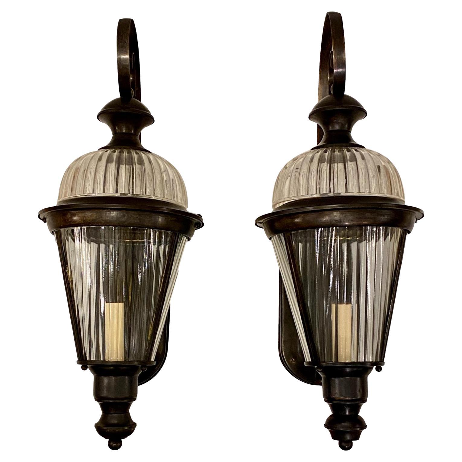 Pair of Bronze Molded Glass Lanterns