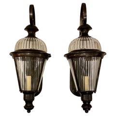 Vintage Pair of Bronze Molded Glass Lanterns