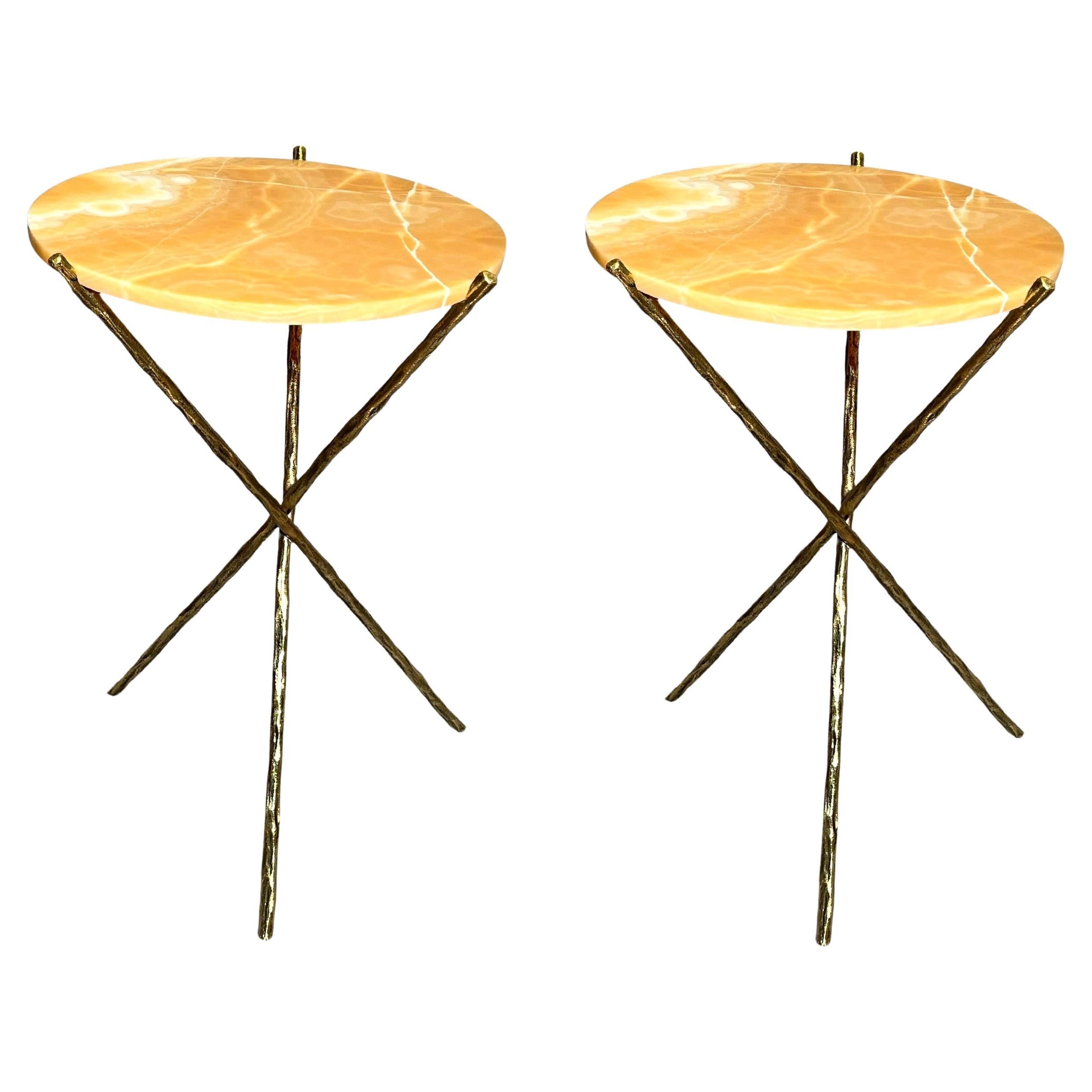 Pair of bronze and onyx pedestal tables, Editions Galerie Canavèse, France, 2024 For Sale