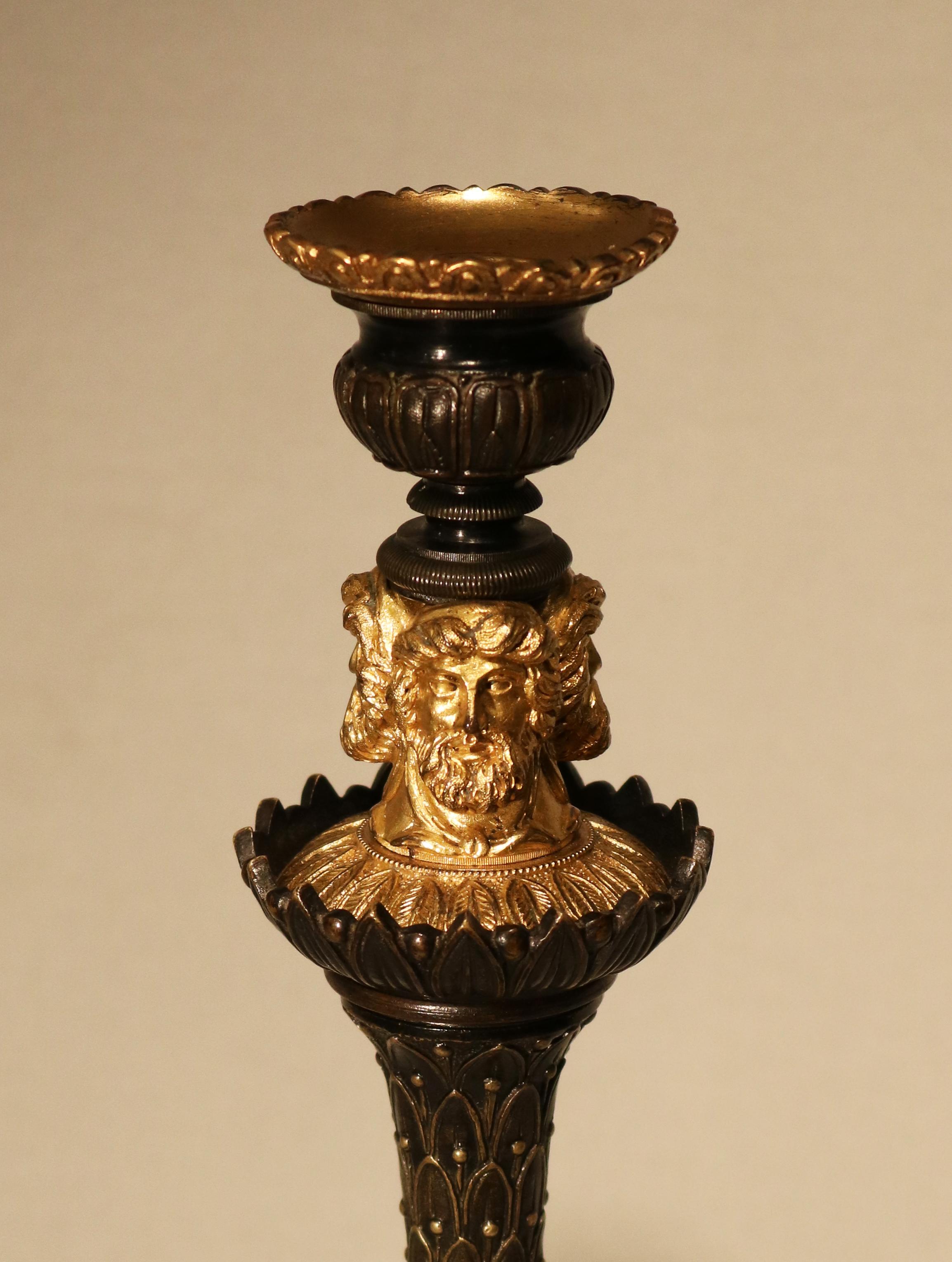 English Pair of Bronze and Ormolu Triform Candlesticks For Sale