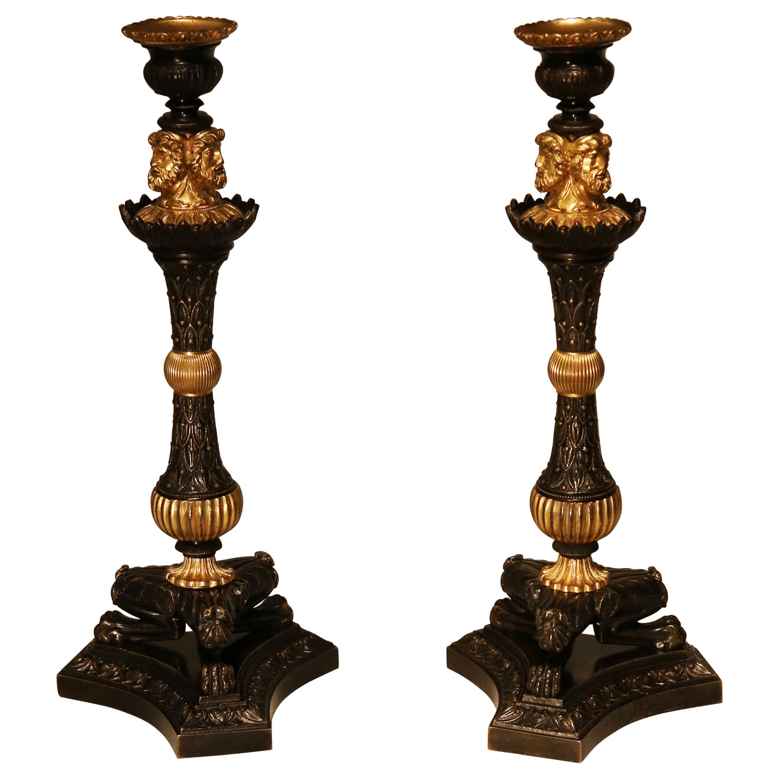 Pair of Bronze and Ormolu Triform Candlesticks