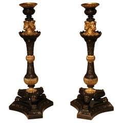 Pair of Bronze and Ormolu Triform Candlesticks