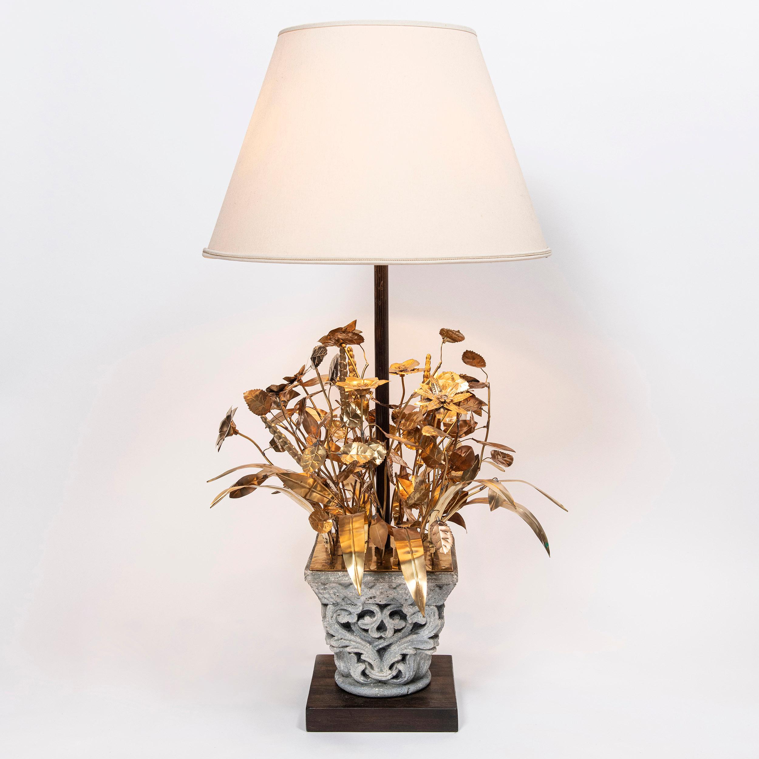 Pair of bronze and paris stone table lamps. Attributed to Maison Jansen, France, circa 1950.