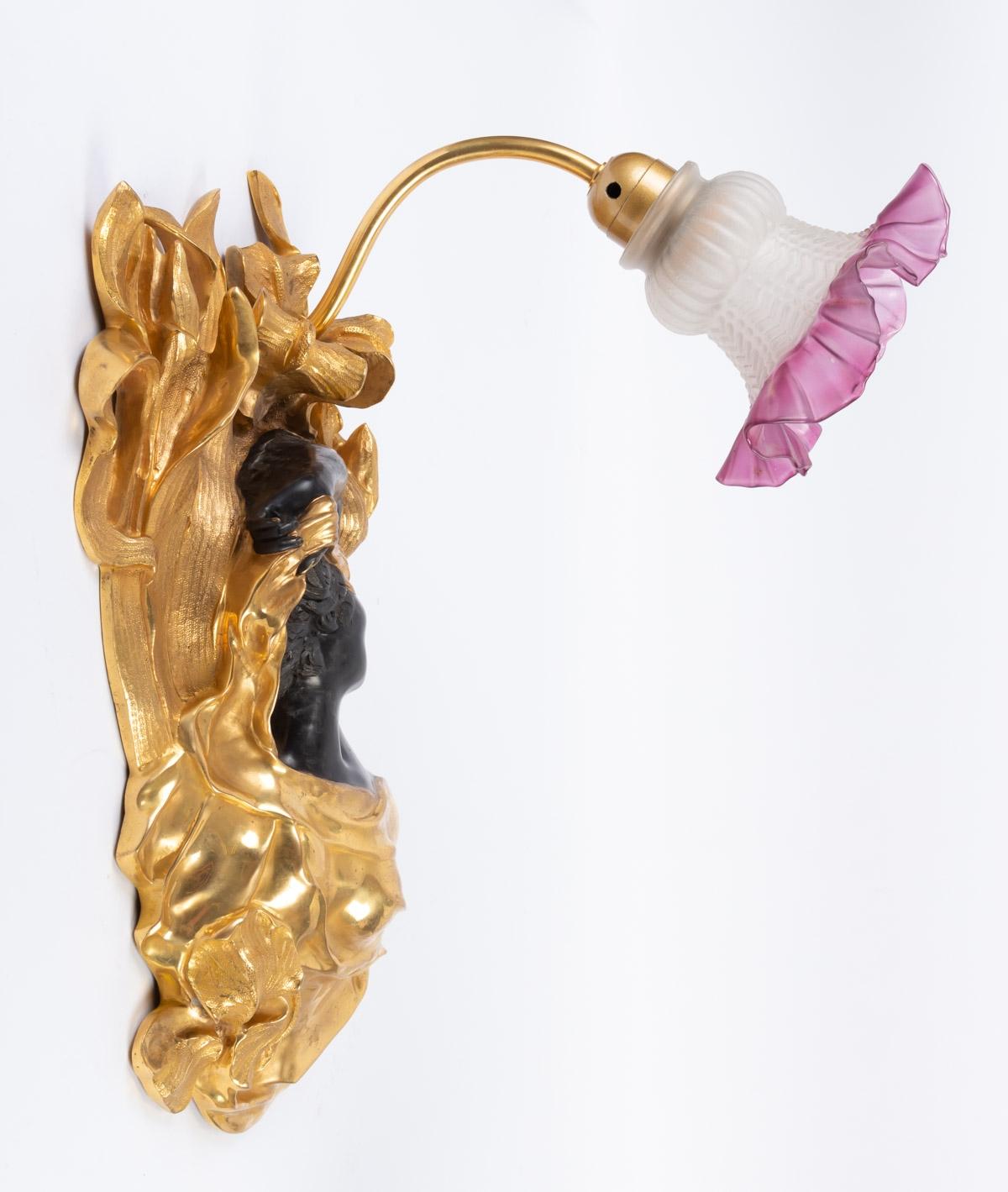French Pair of Bronze and Pate De Verre Sconces