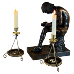 Paire de chandeliers en bronze et Pietra DURA, marqueterie de marbre, Circa 1900