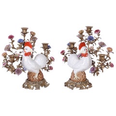 Pair of Bronze and Porcelain Chicken Candelabra