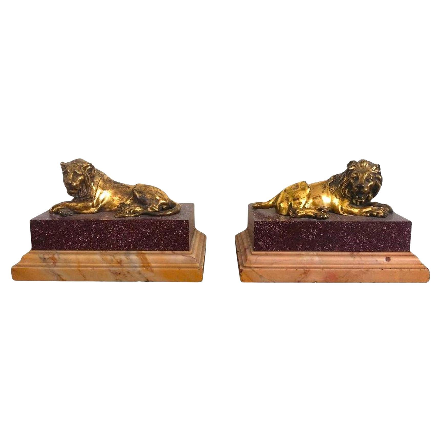 Pareja de leones de bronce y pórfido