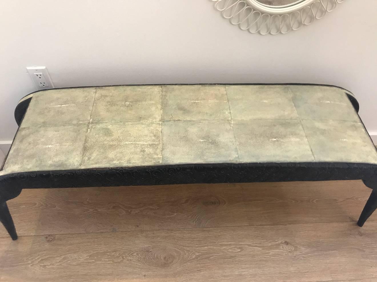 Pair of bronze and celadon shagreen benches, labeled R.Y Augousti Paris. Bronze base is executed with embossed and concentric circle detailing throughout. Reminiscent work of the Art Deco period.
