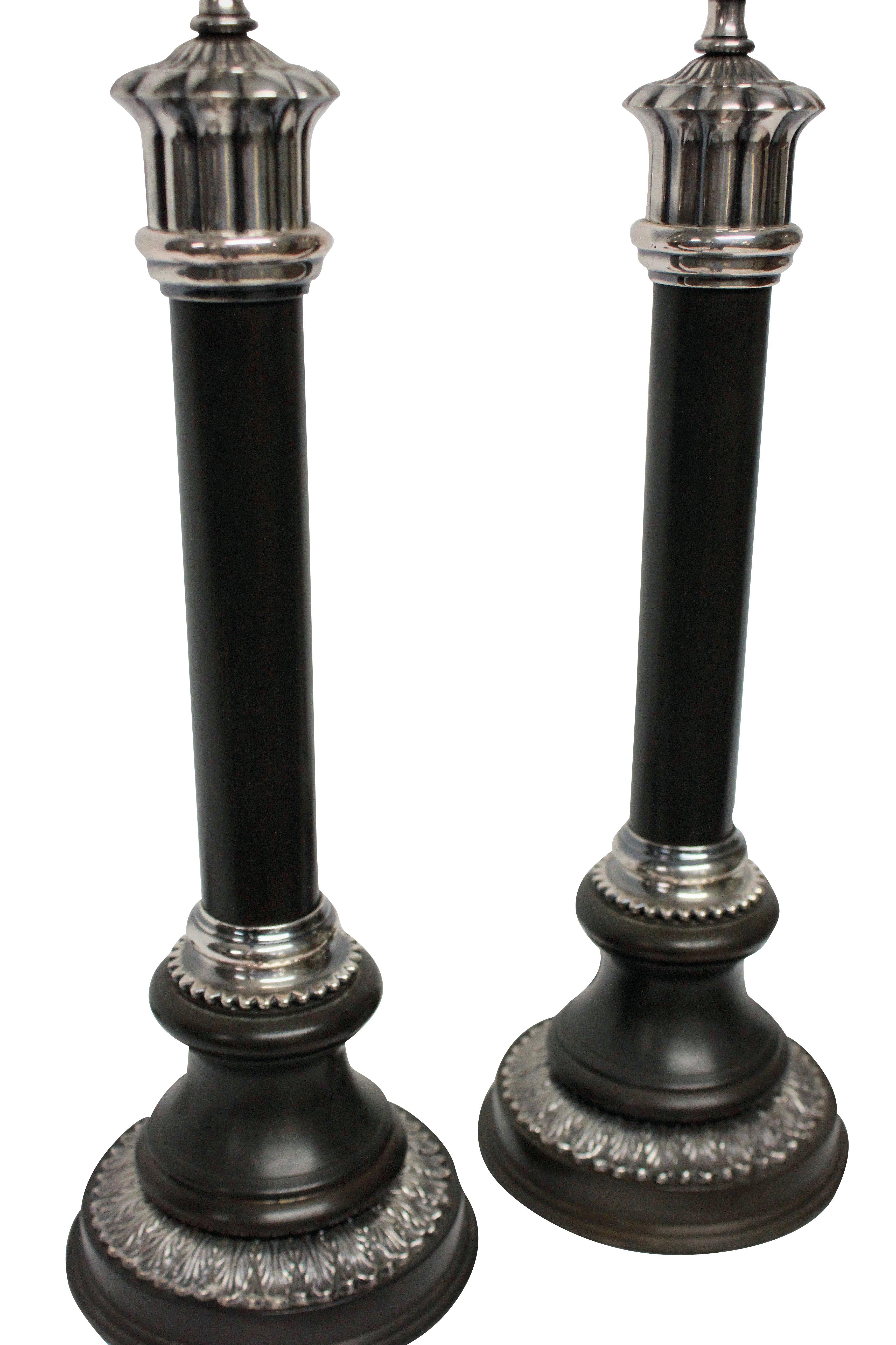 Mid-20th Century Pair of Bronze and Silver Neoclassical Lamps