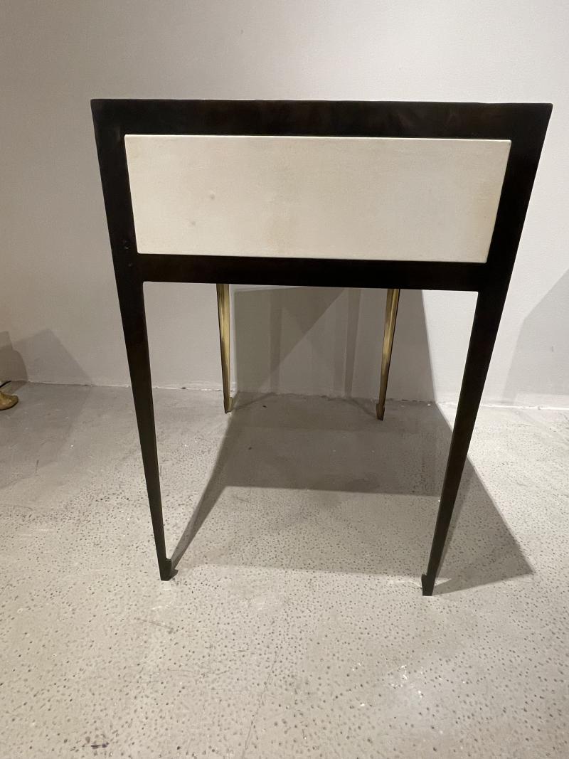 Modern Pair of bronze and steel bedside tables with parchment panels For Sale
