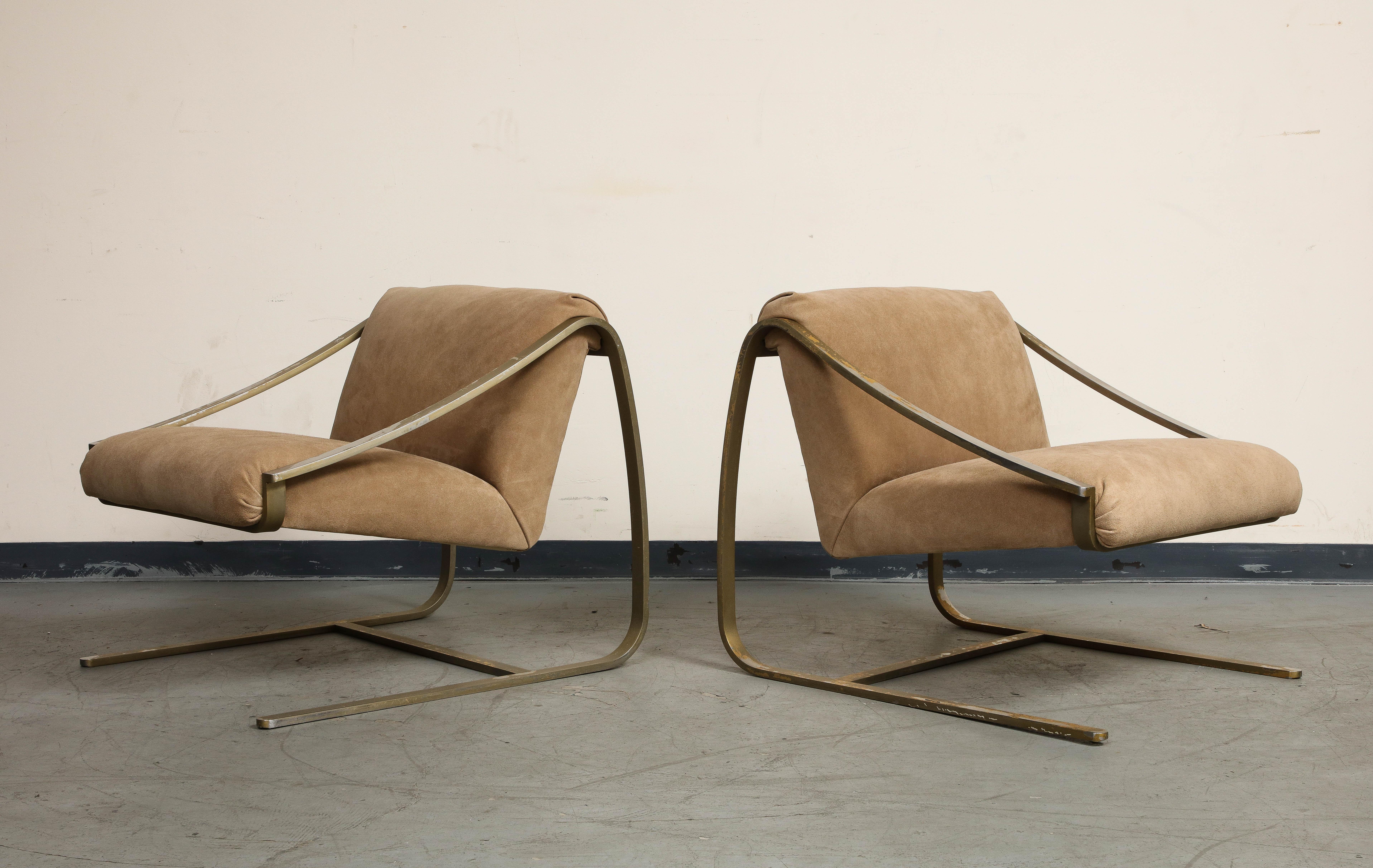 Pair of Bronze and Suede Modernist Lounge Chairs, circa 1965 For Sale 1