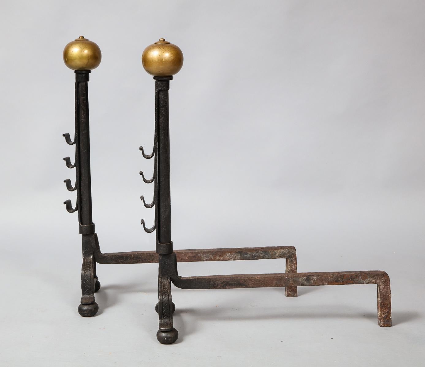 Arts and Crafts Pair of Bronze and Wrought Iron Andirons