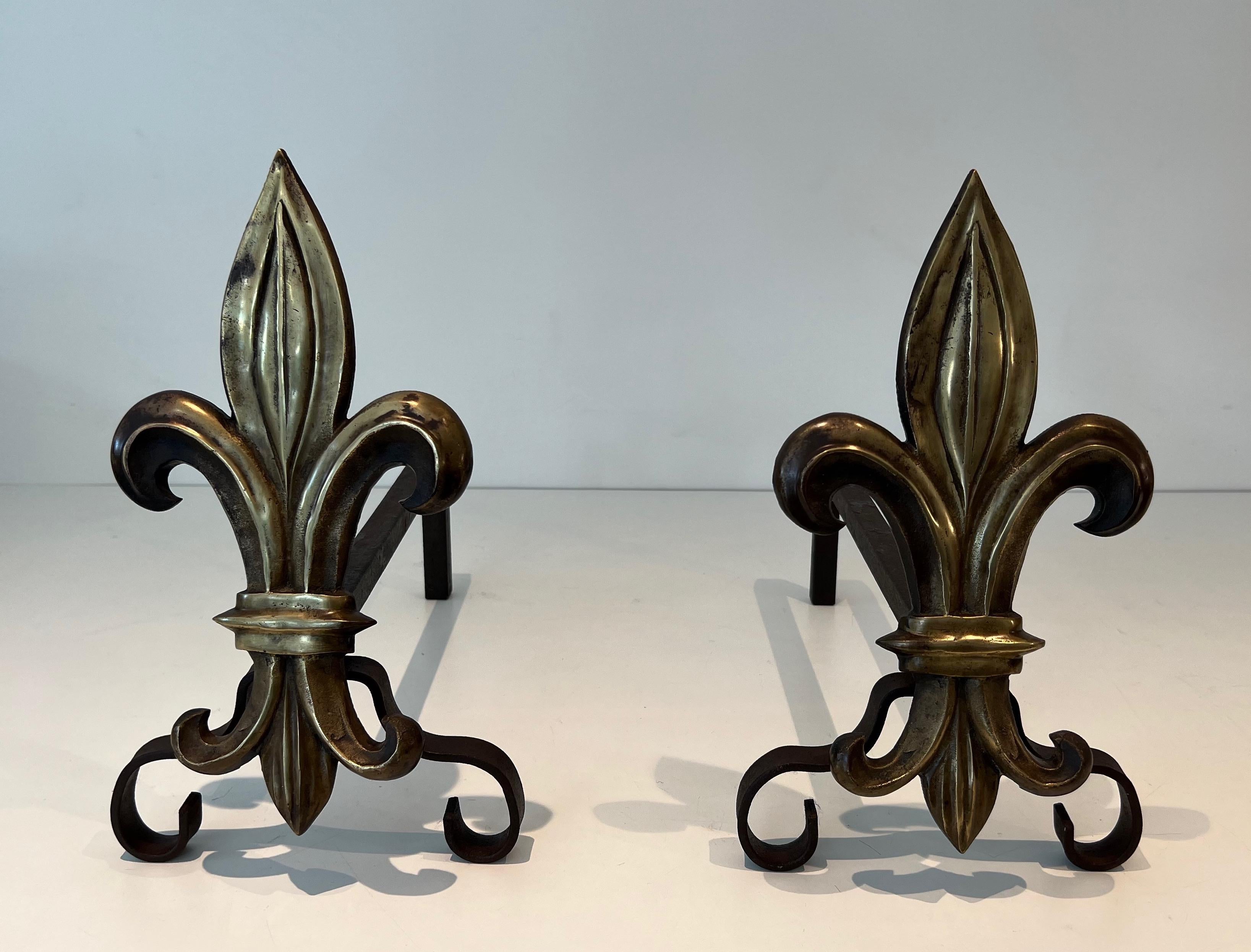 Pair of Bronze and Wrought Iron Andirons with a Lily Flower For Sale 6