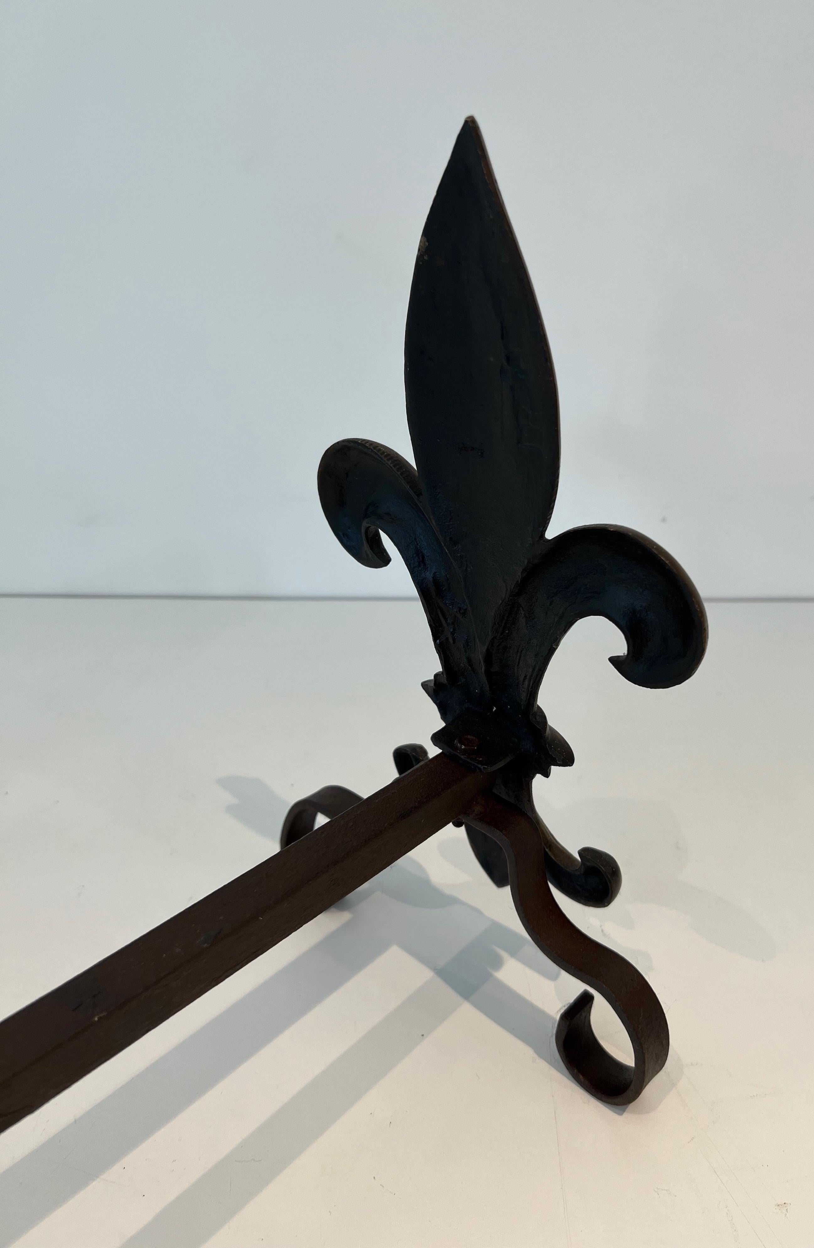 Pair of Bronze and Wrought Iron Andirons with a Lily Flower For Sale 7