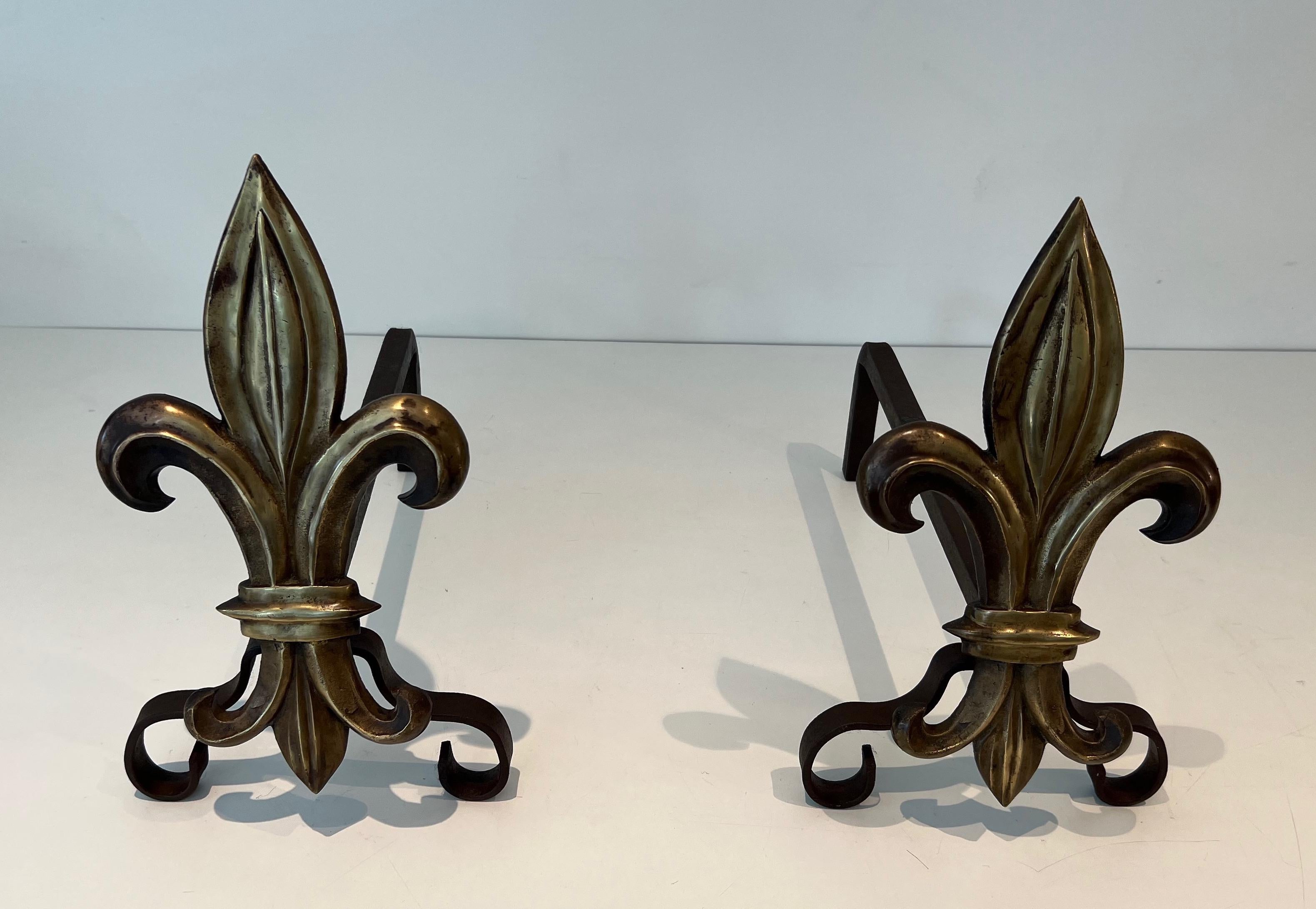 Paire de chenets en bronze et fer forgé avec une fleur de lys en vente 7