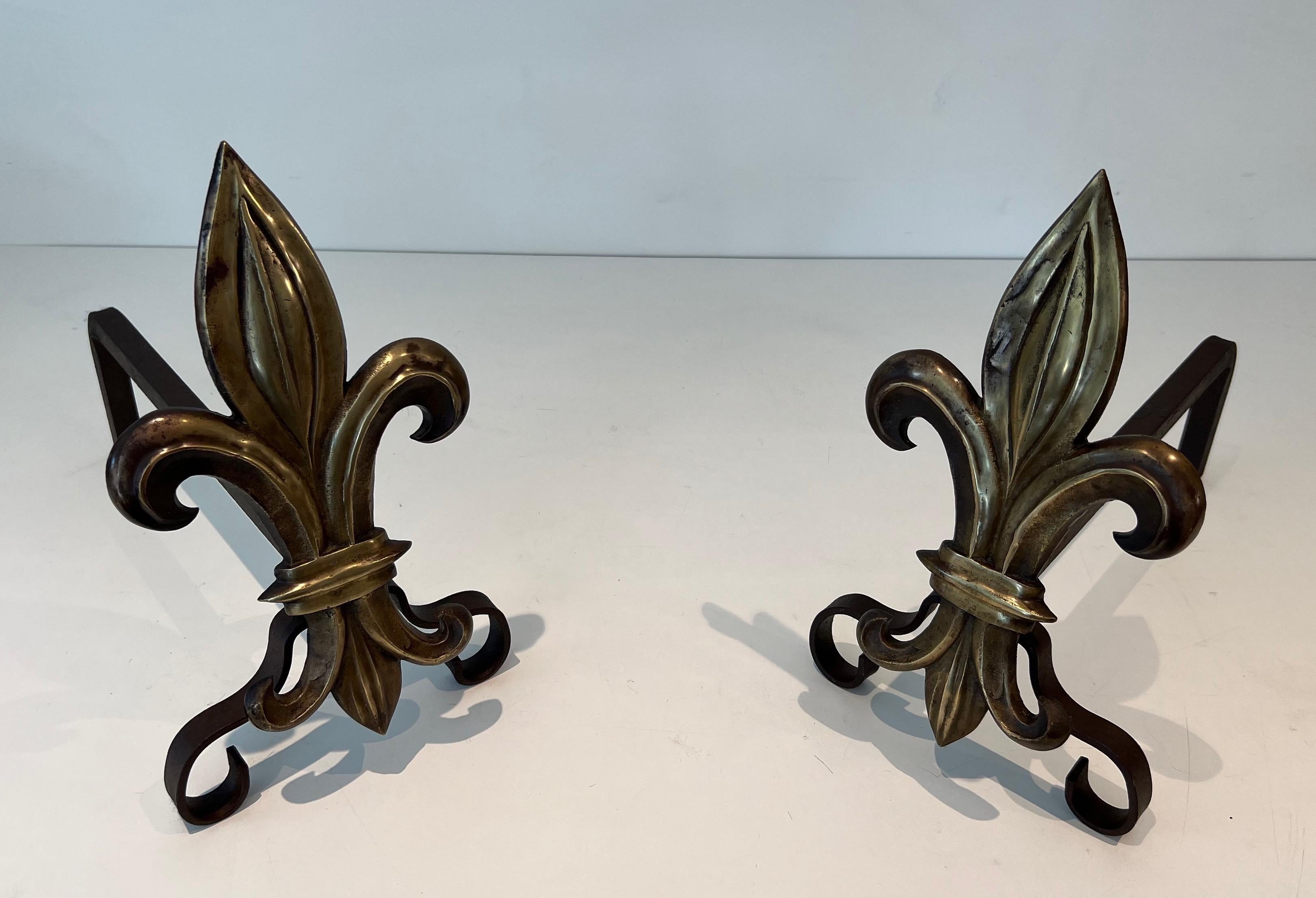 French Pair of Bronze and Wrought Iron Andirons with a Lily Flower For Sale