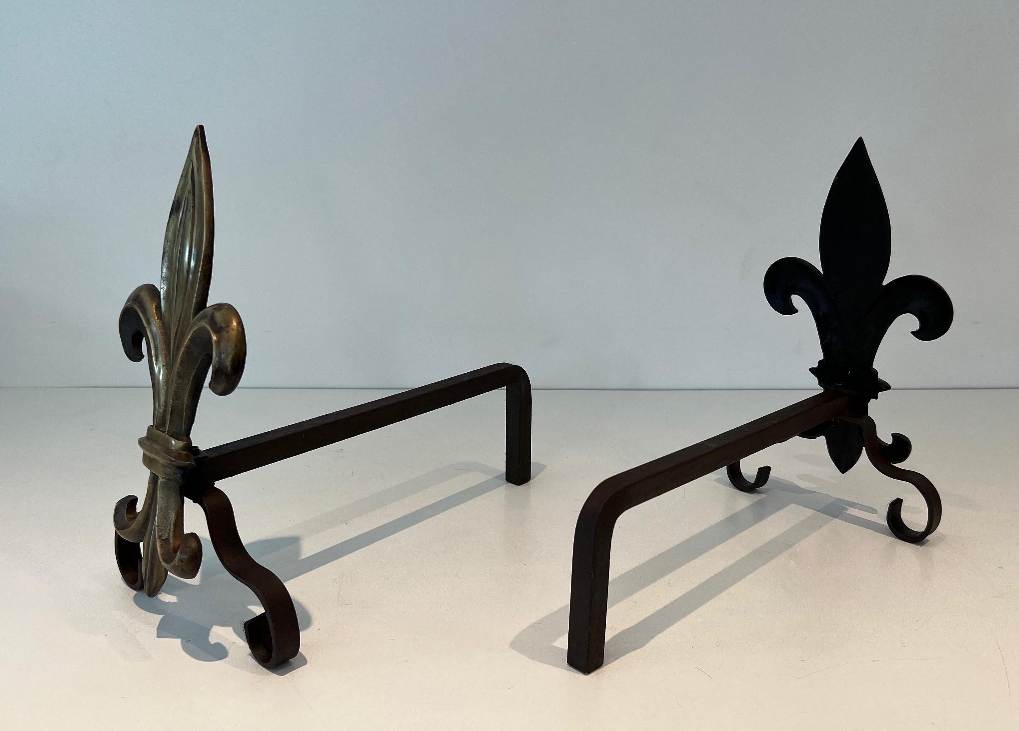 Pair of Bronze and Wrought Iron Andirons with a Lily Flower In Good Condition For Sale In Marcq-en-Barœul, Hauts-de-France