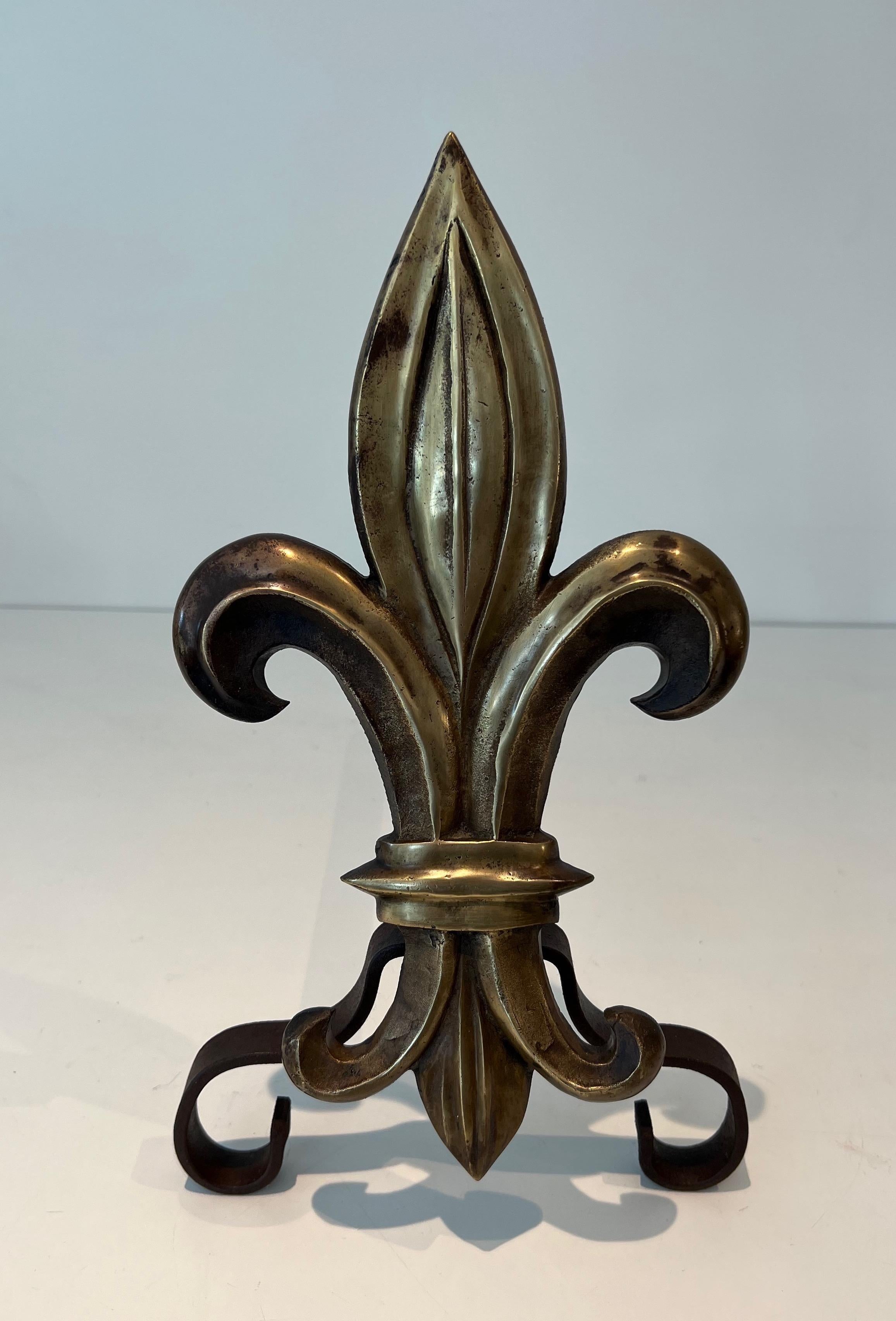 Bronze Paire de chenets en bronze et fer forgé avec une fleur de lys en vente
