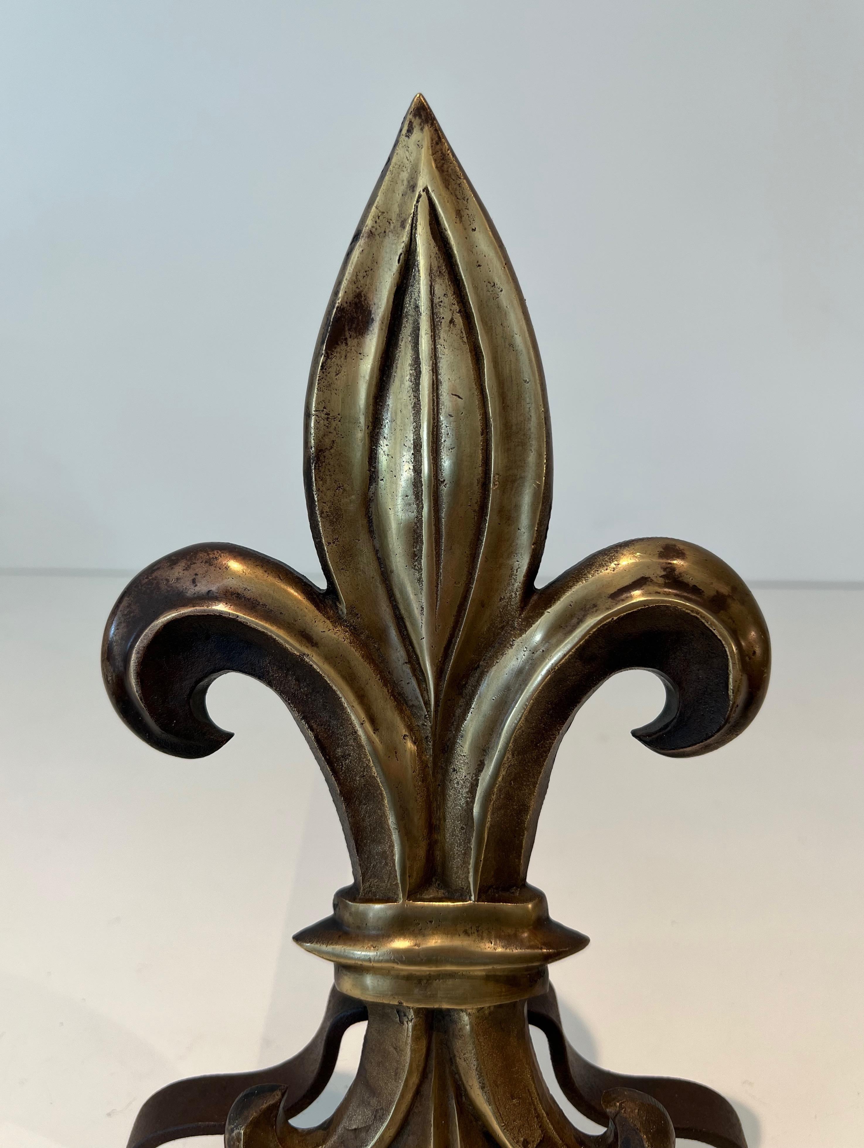 Paire de chenets en bronze et fer forgé avec une fleur de lys en vente 2