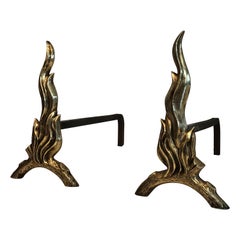Pair of Bronze and Wrought Iron Flame Andirons, French, Circa 1970