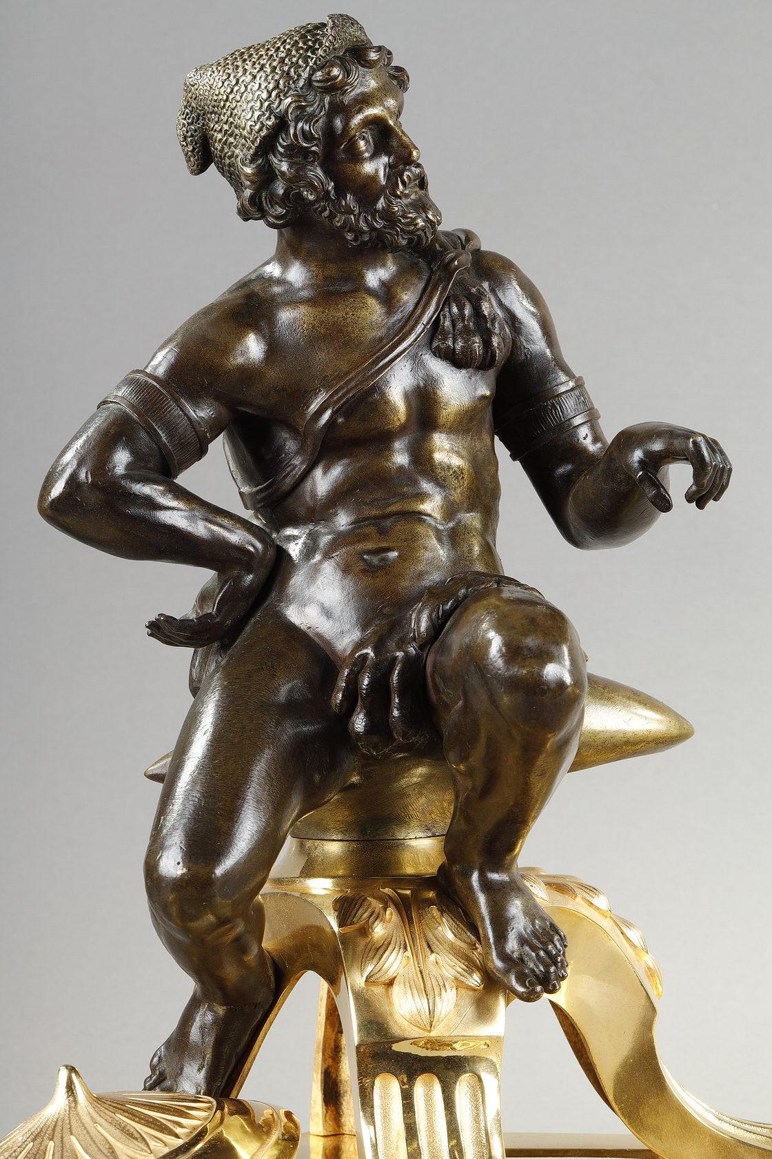 Paire de chenets en bronze « Alexander the Great and Diogenes » (Alexander le Grand et Diogène) en vente 1