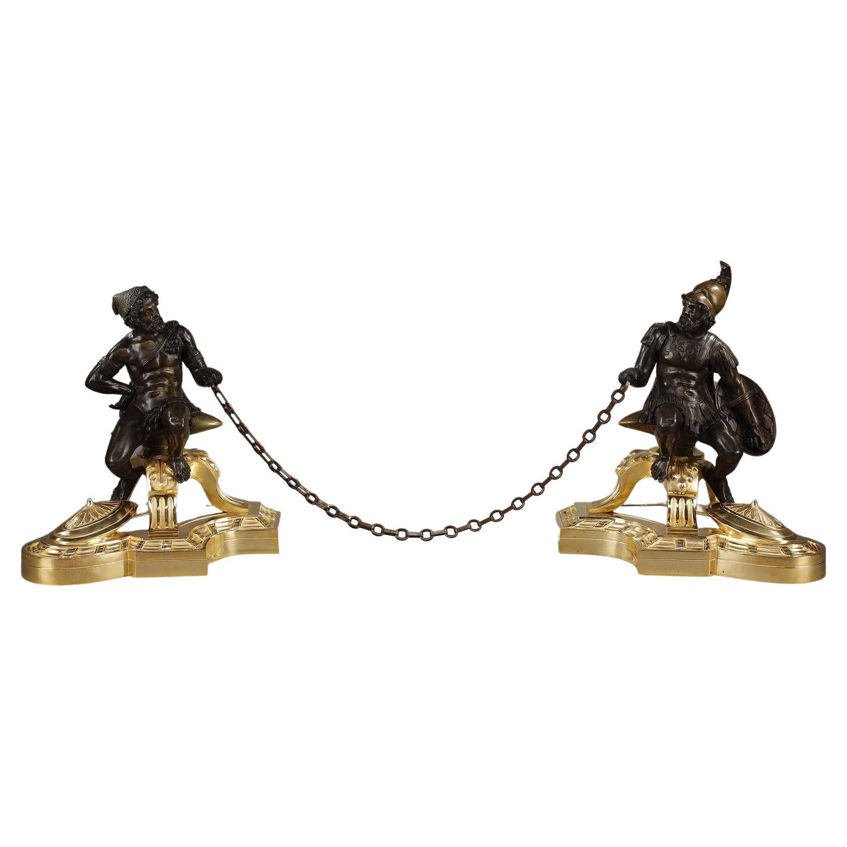 Pair of bronze Andirons "Alexander the Great and Diogenes" For Sale
