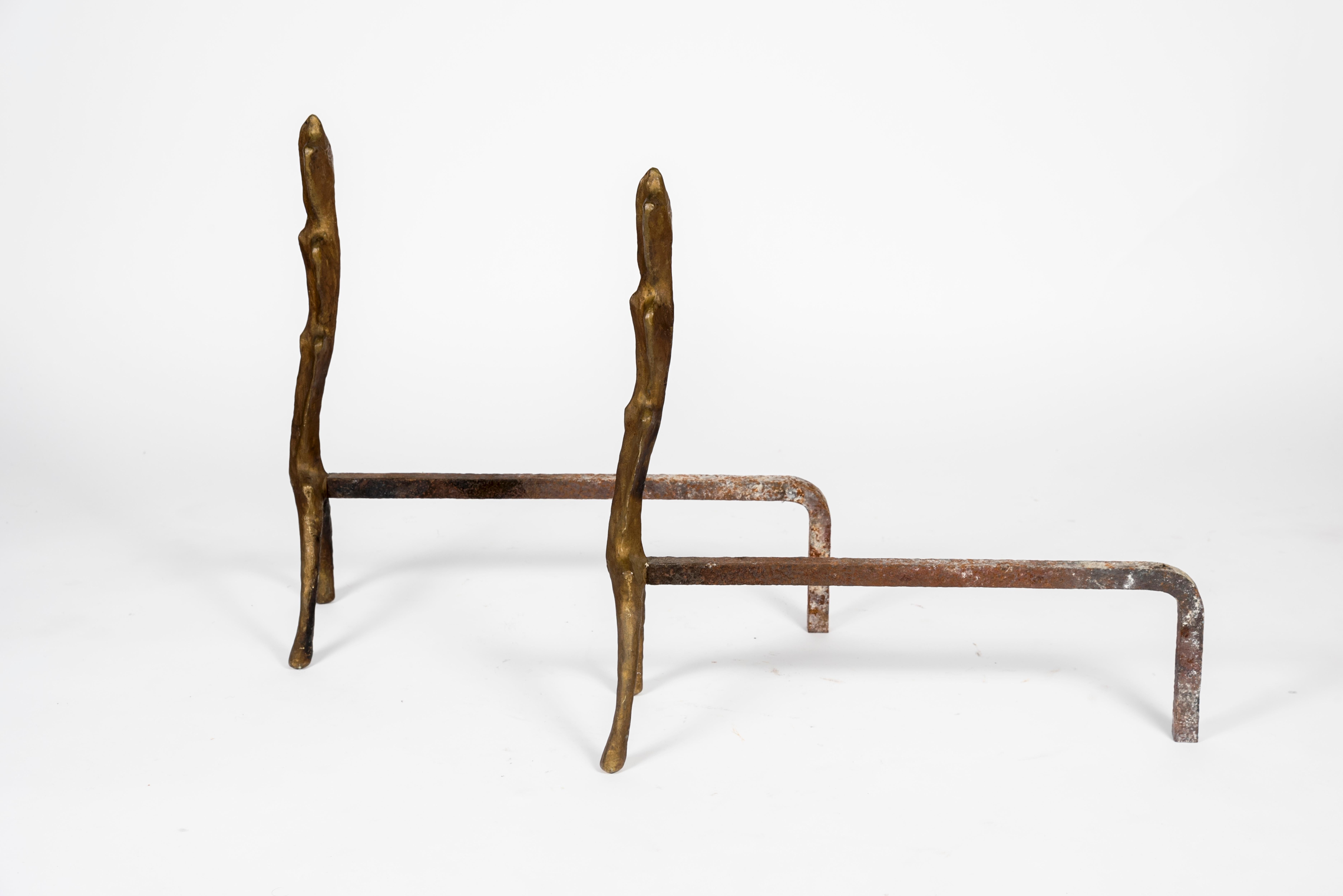 Late 20th Century Pair of Bronze Andirons by Franck Evennou