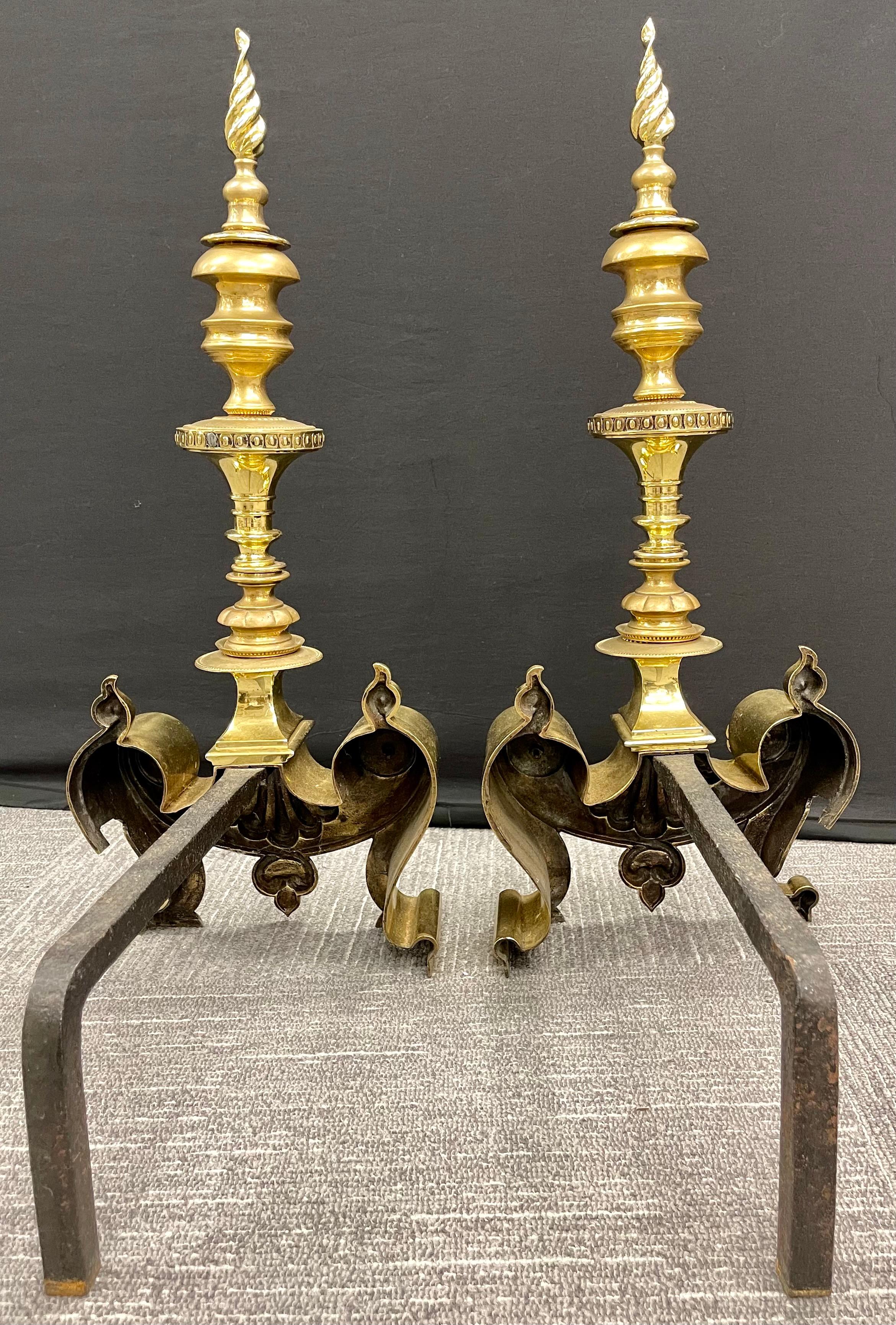 20th Century Pair of Bronze Andirons, Large and Impressive For Sale