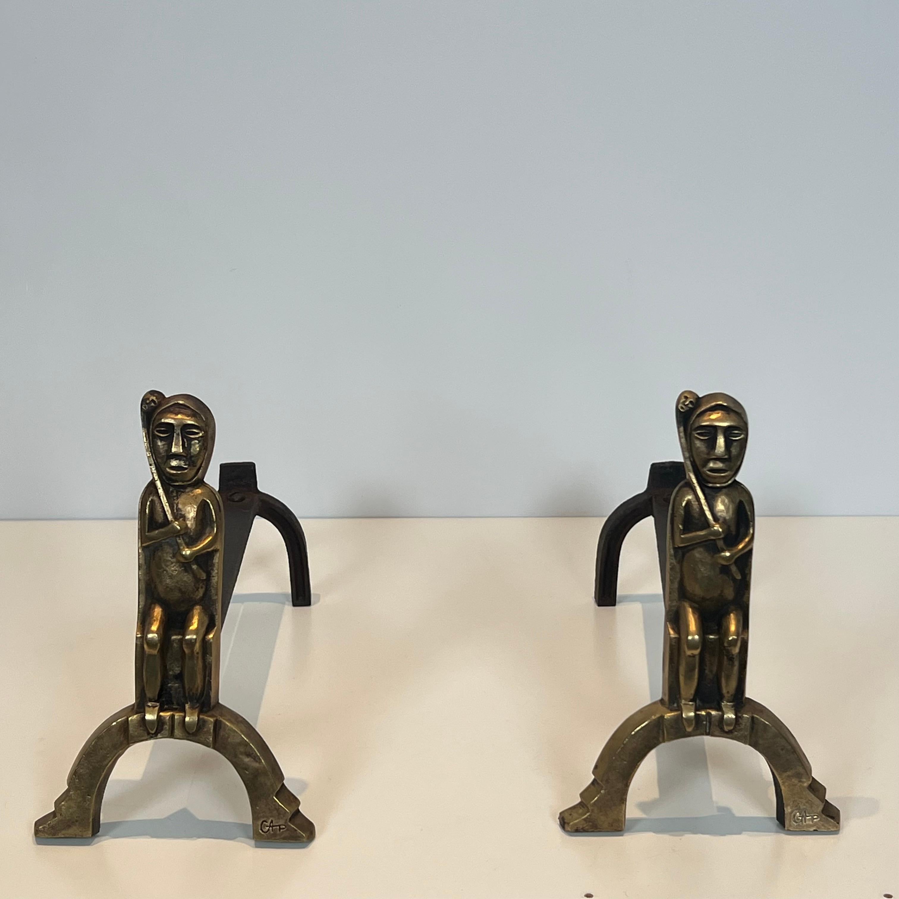 Pair of Bronze Andirons with Seated Shamans, Monogramed by Anton Prinner For Sale 4