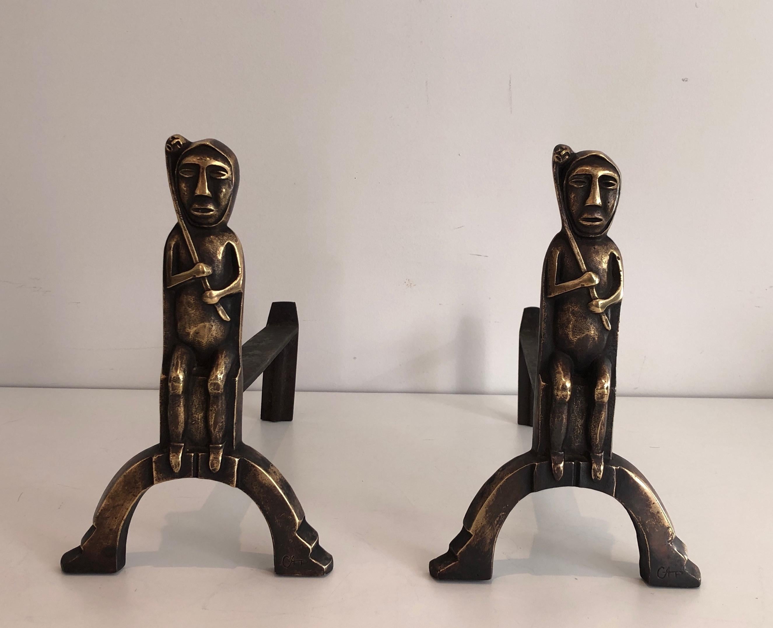 Pair of Bronze Andirons with Seated Shamans, Monogramed by Anton Prinner For Sale 6