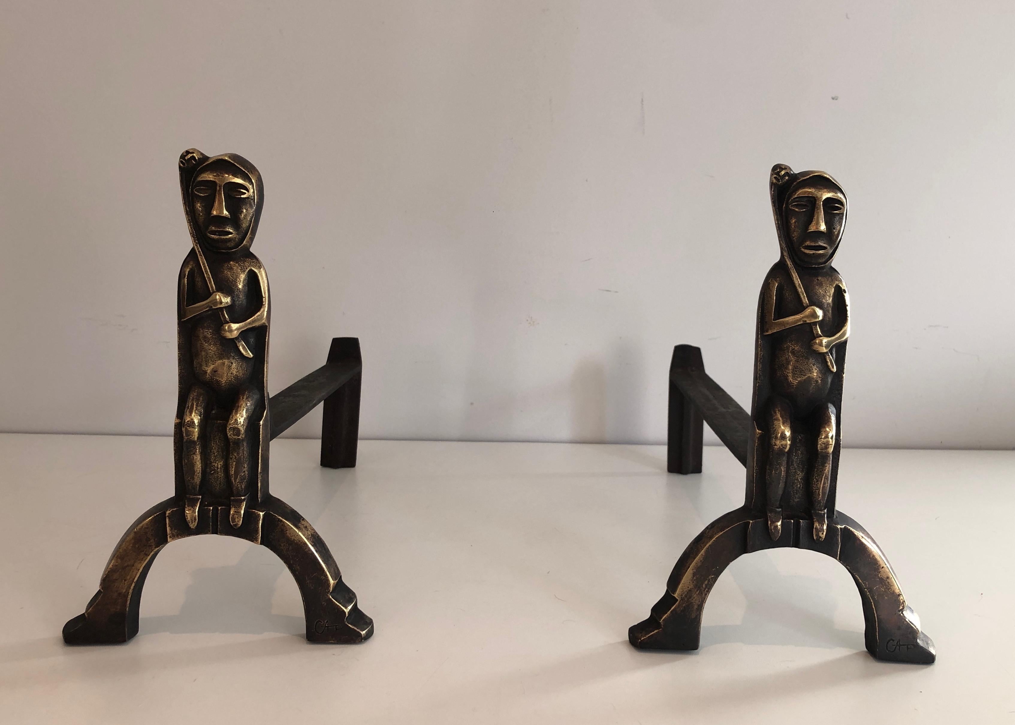 Pair of Bronze Andirons with Seated Shamans, Monogramed by Anton Prinner For Sale 7