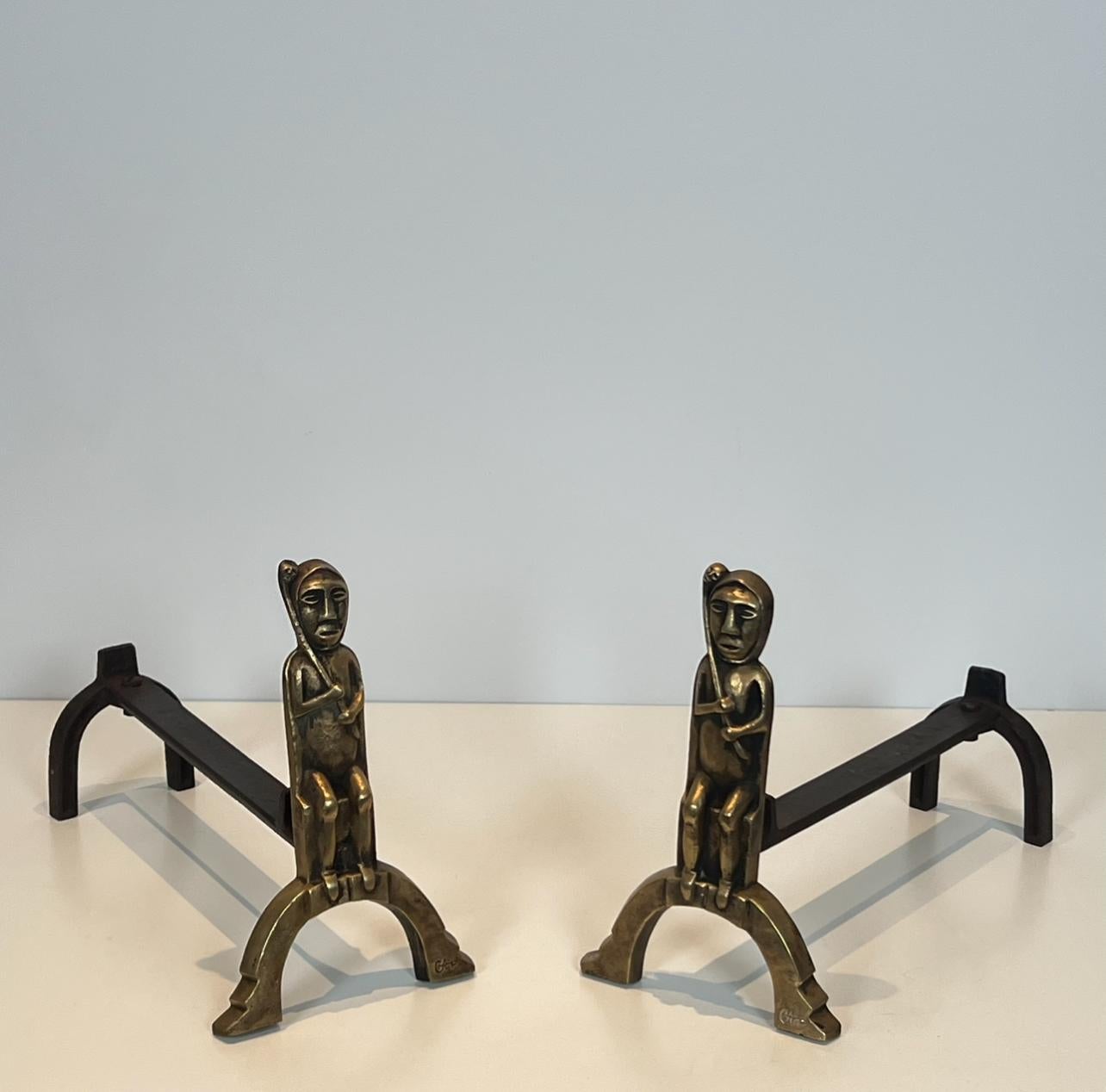 Pair of Bronze Andirons with Seated Shamans, Monogramed by Anton Prinner For Sale 6