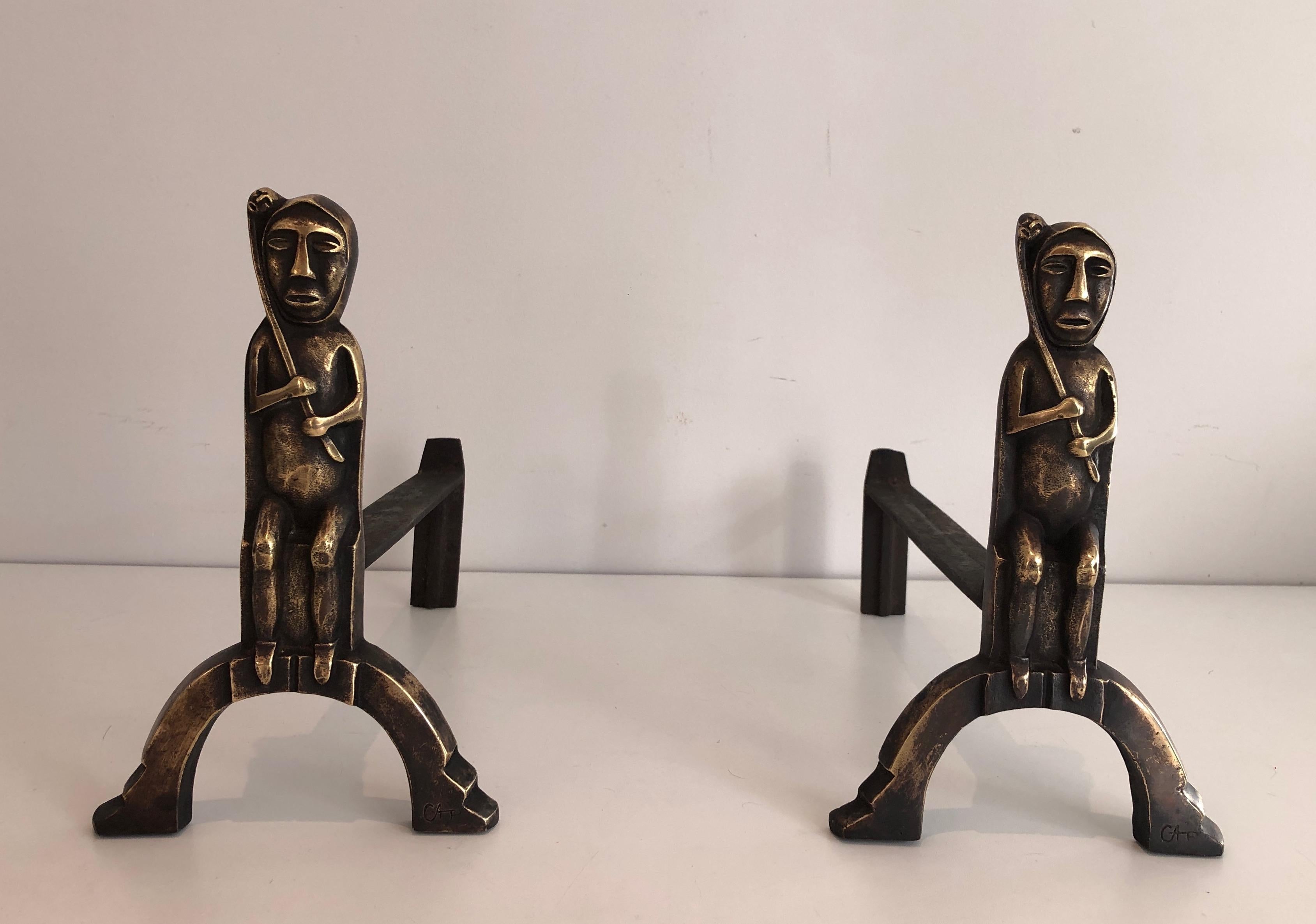 Pair of Bronze Andirons with Seated Shamans, Monogramed by Anton Prinner For Sale 8
