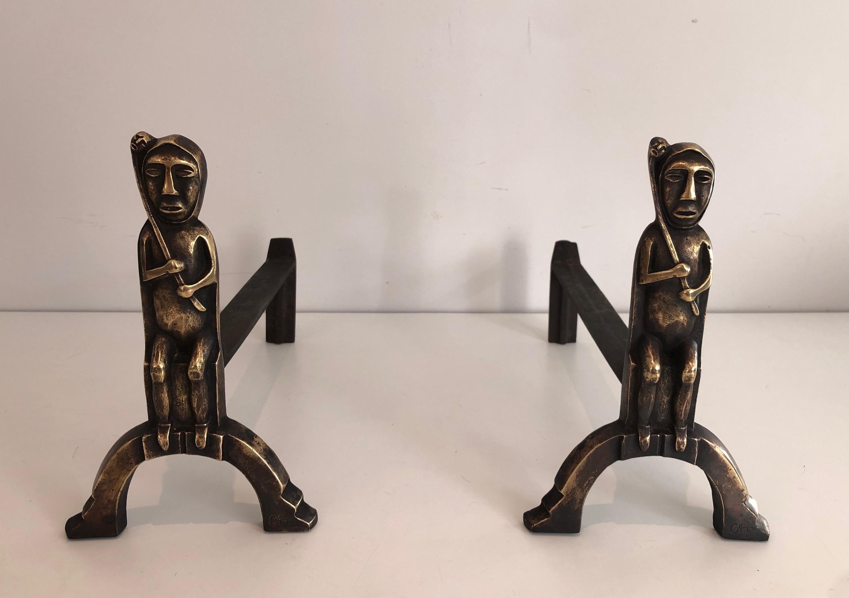 Pair of Bronze Andirons with Seated Shamans, Monogramed by Anton Prinner For Sale 9